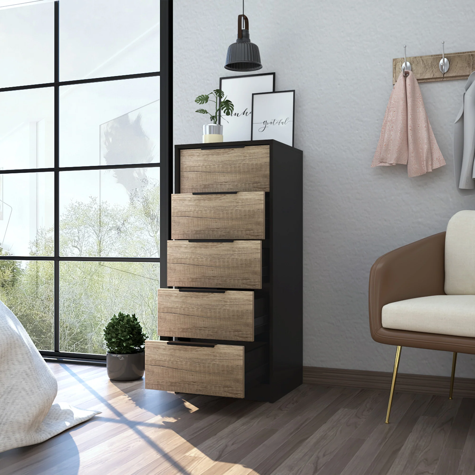Black And Light Oak Manufactured Wood Five Drawer Chest By Homeroots - Image 3