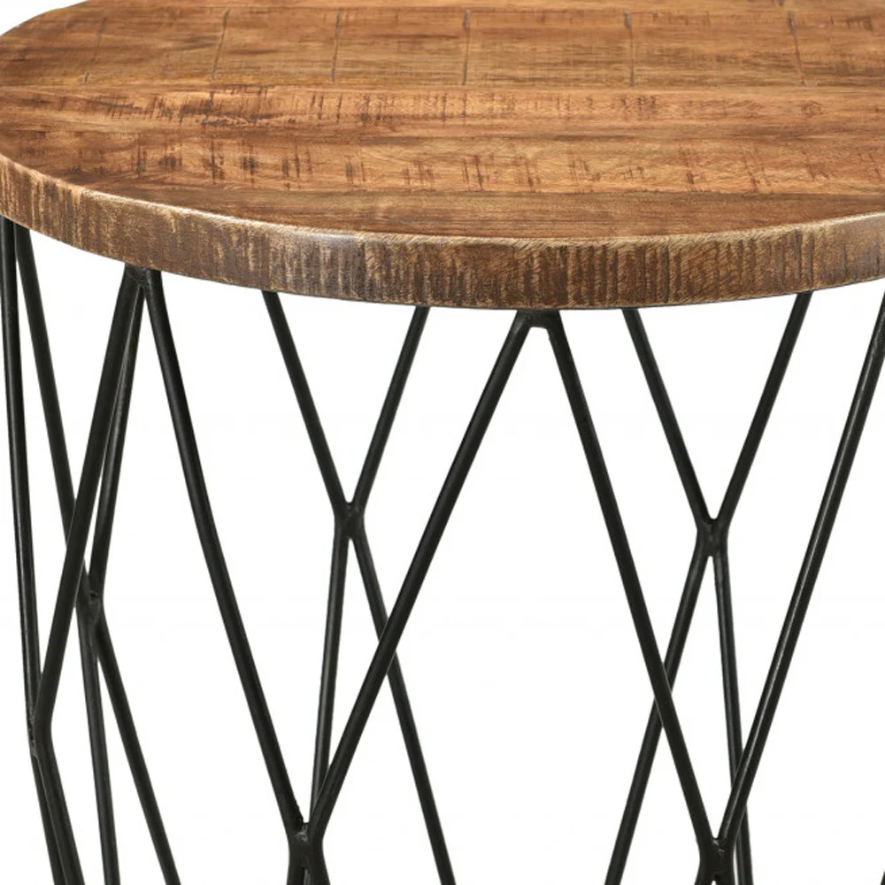 Black And Natural Brown Solid Wood And Iron Round End Table By Homeroots - Image 3
