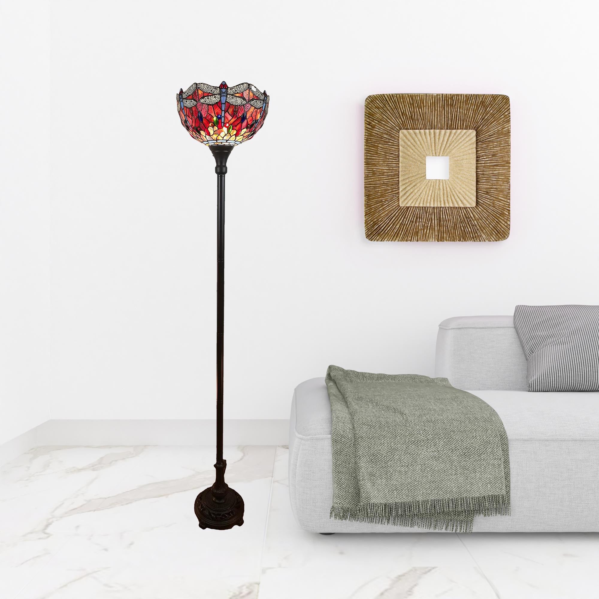 Black And Red Torchiere Floor Lamp With Red Dragonfly Glass Dome Shade By Homeroots - Image 2