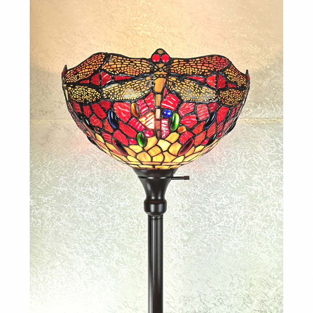 Black And Red Torchiere Floor Lamp With Red Dragonfly Glass Dome Shade By Homeroots - Image 7