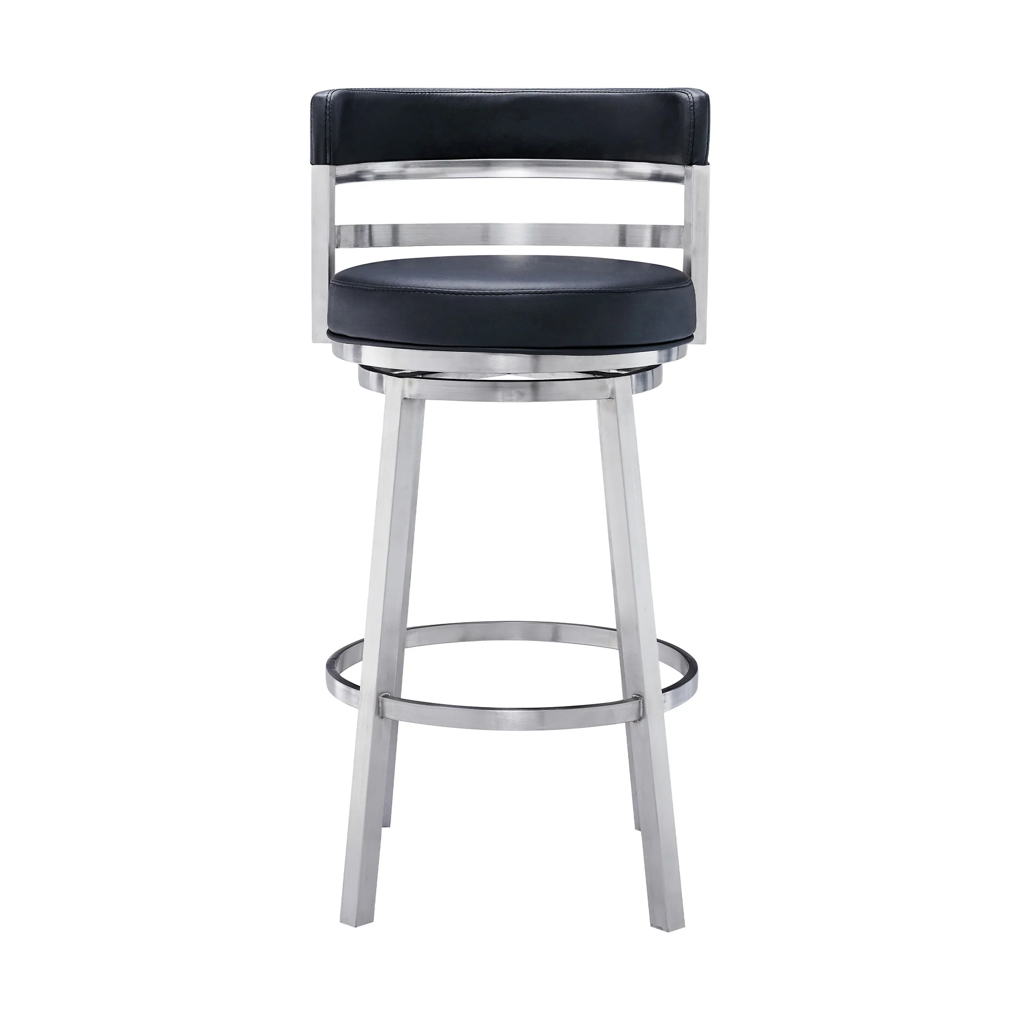 Black And Silver Faux Leather And Iron Swivel Low Back Bar Height Bar Chair By Homeroots - Image 2