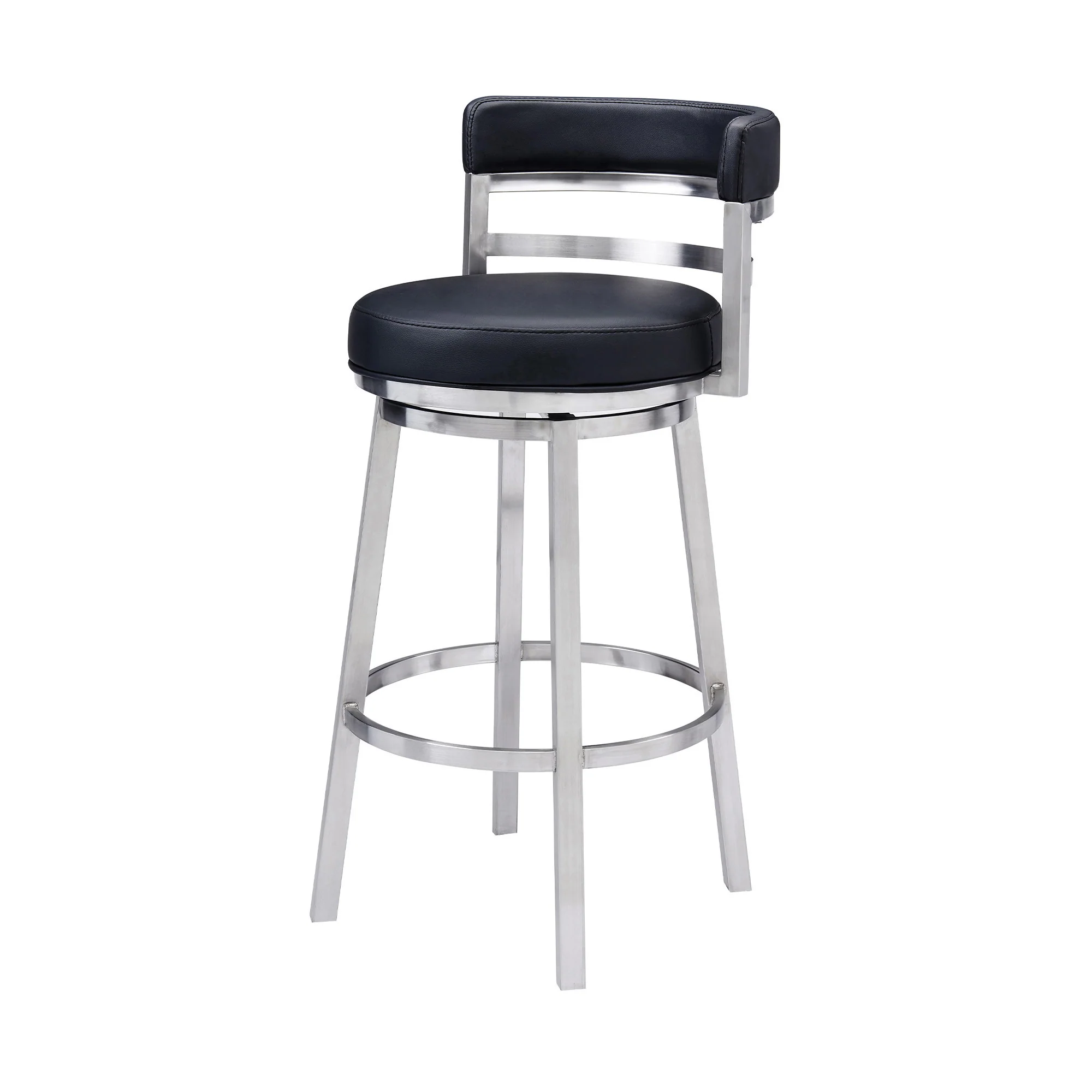 Black And Silver Faux Leather And Iron Swivel Low Back Bar Height Bar Chair By Homeroots - Image 4