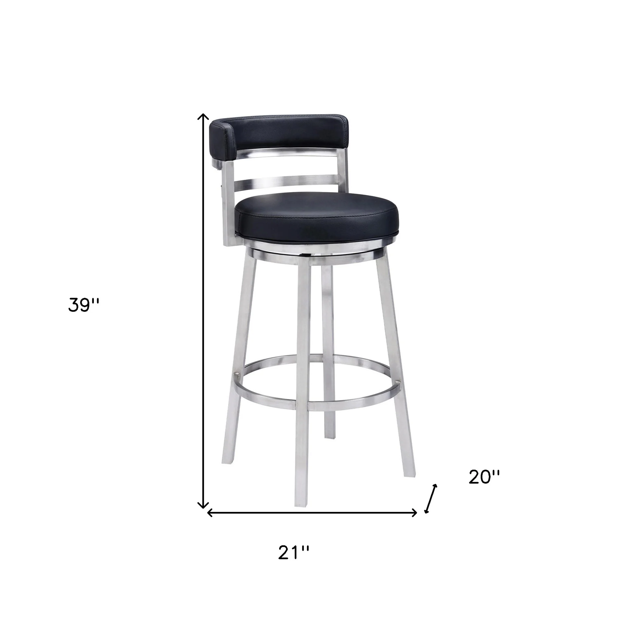 Black And Silver Faux Leather And Iron Swivel Low Back Bar Height Bar Chair By Homeroots - Image 7
