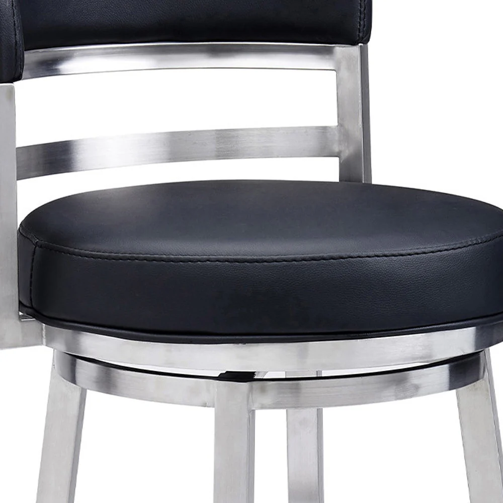 Black And Silver Faux Leather And Iron Swivel Low Back Counter Height Bar Chair By Homeroots - Image 2