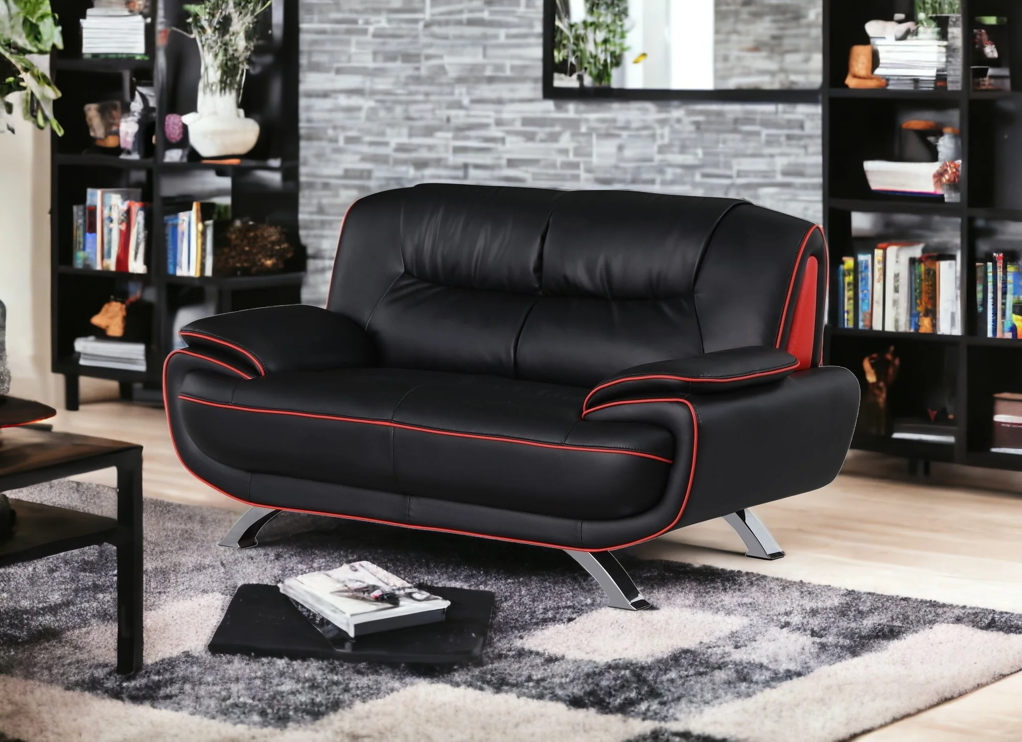 Black And Silver Faux Leather Loveseat By Homeroots - Image 2
