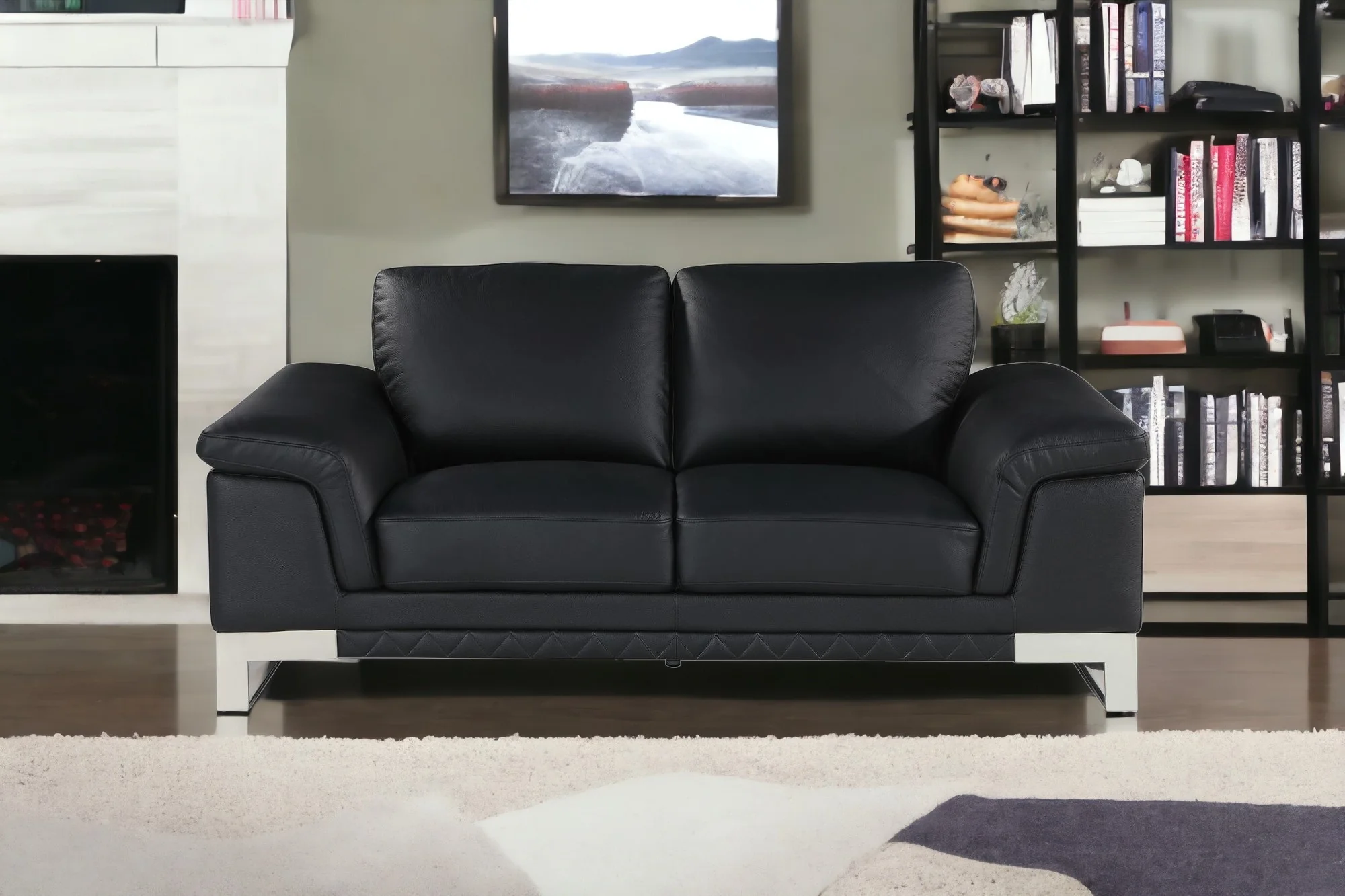 Black And Silver Genuine Leather Love Seat By Homeroots - Image 2