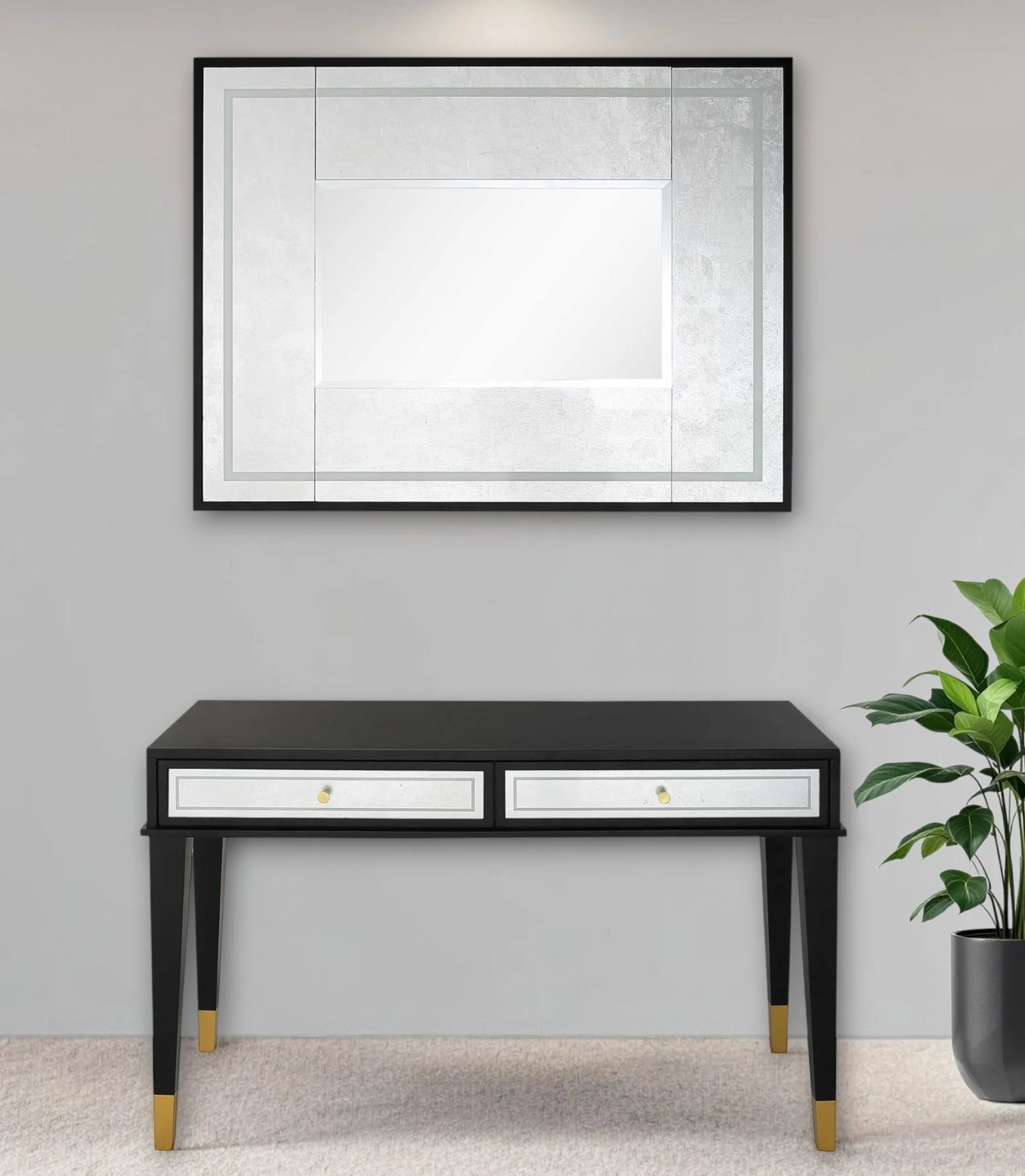 Black And Silver Mirrored Wood And Glass Console Table With Two Drawers By Homeroots - Image 2