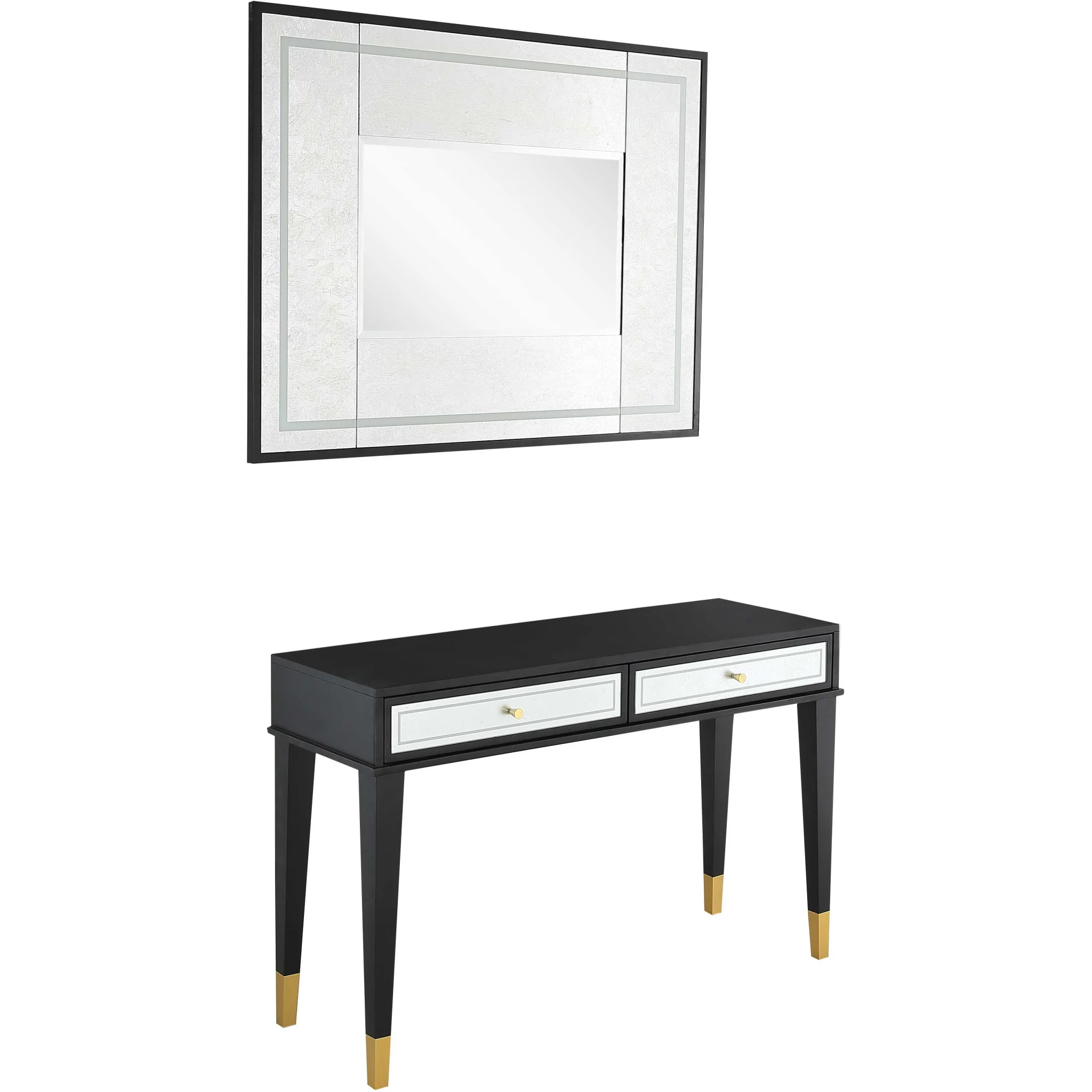 Black And Silver Mirrored Wood And Glass Console Table With Two Drawers By Homeroots - Image 3