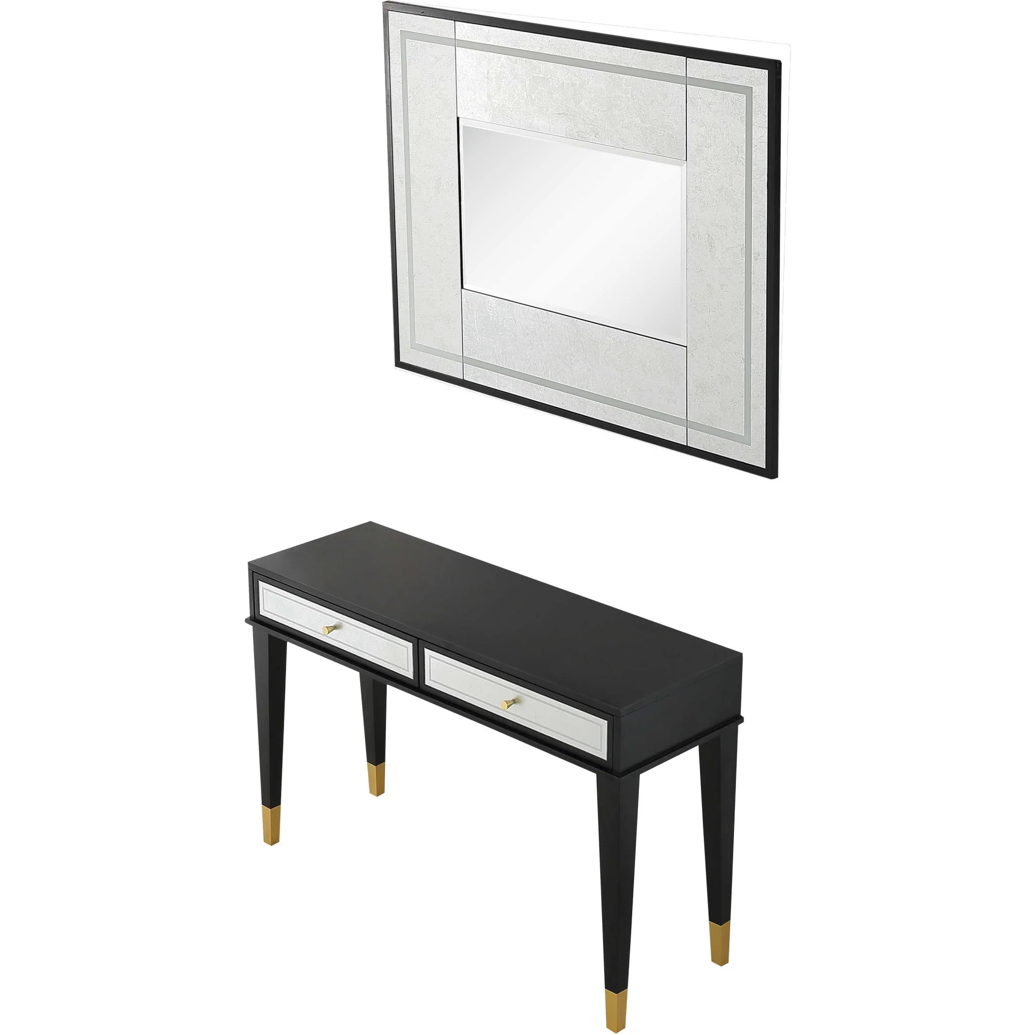 Black And Silver Mirrored Wood And Glass Console Table With Two Drawers By Homeroots - Image 4