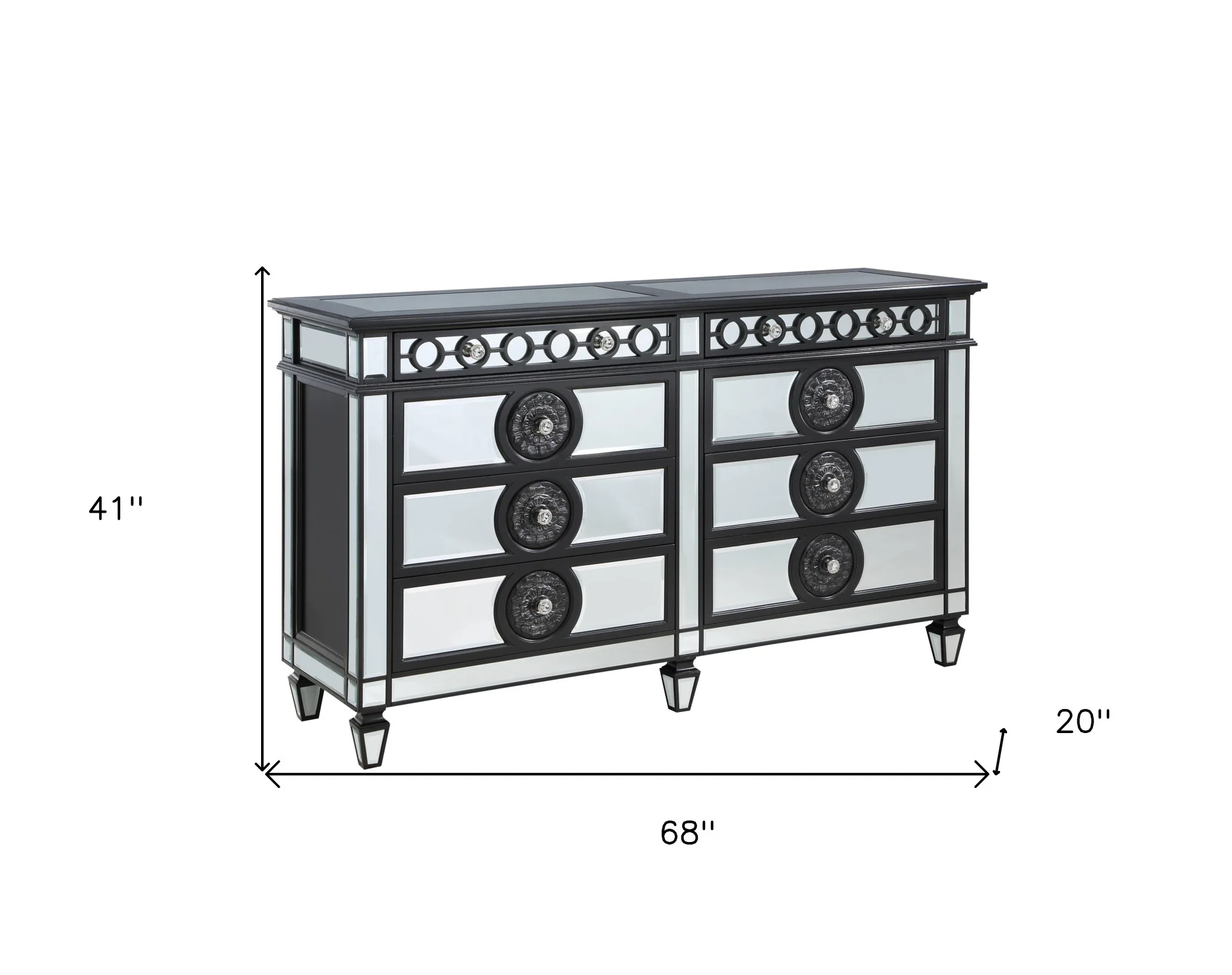 Black and Silver Solid and Manufactured Wood Mirrored Eight Drawer Double Dresser By Homeroots - Image 4