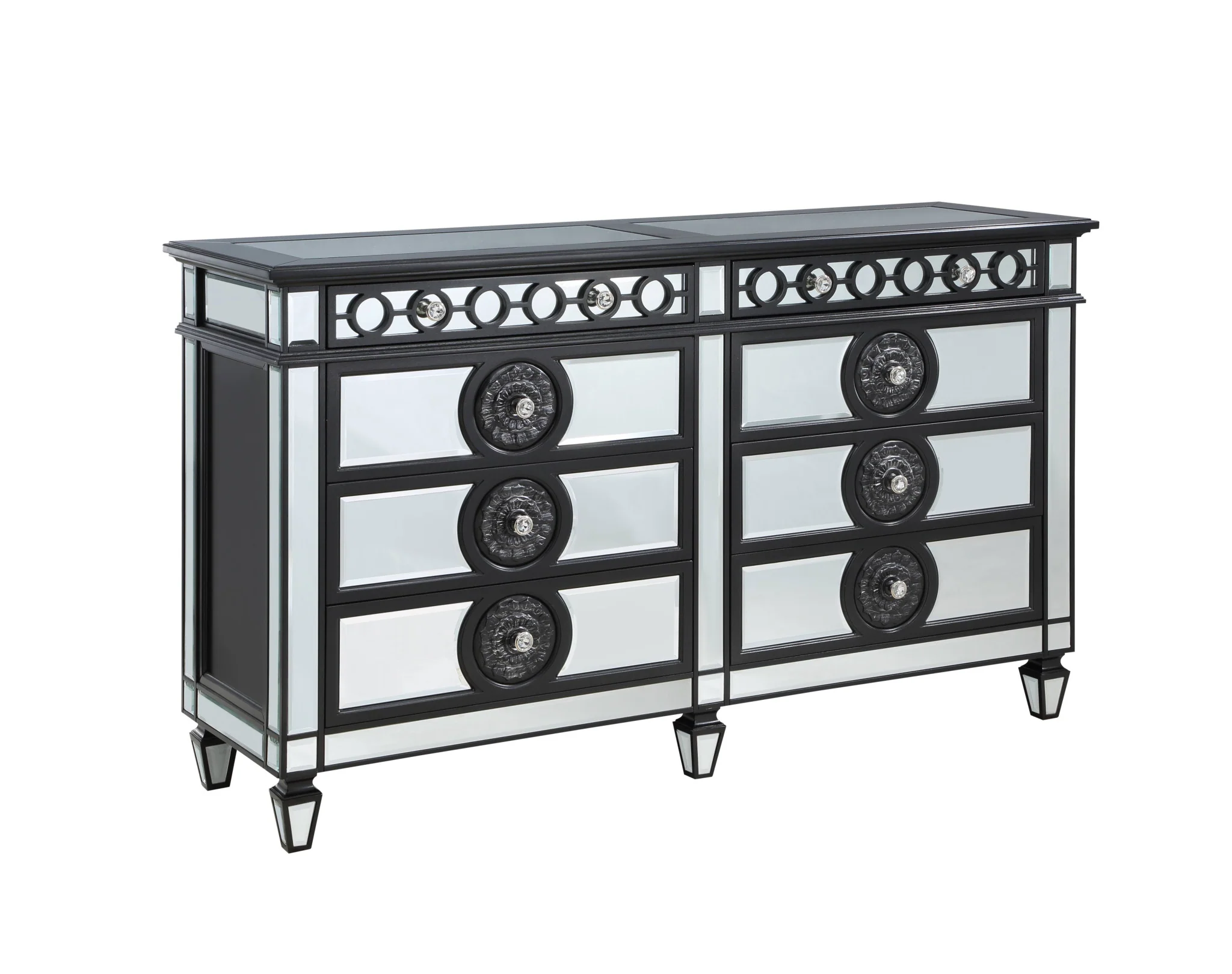 Black and Silver Solid and Manufactured Wood Mirrored Eight Drawer Double Dresser By Homeroots - Image 5