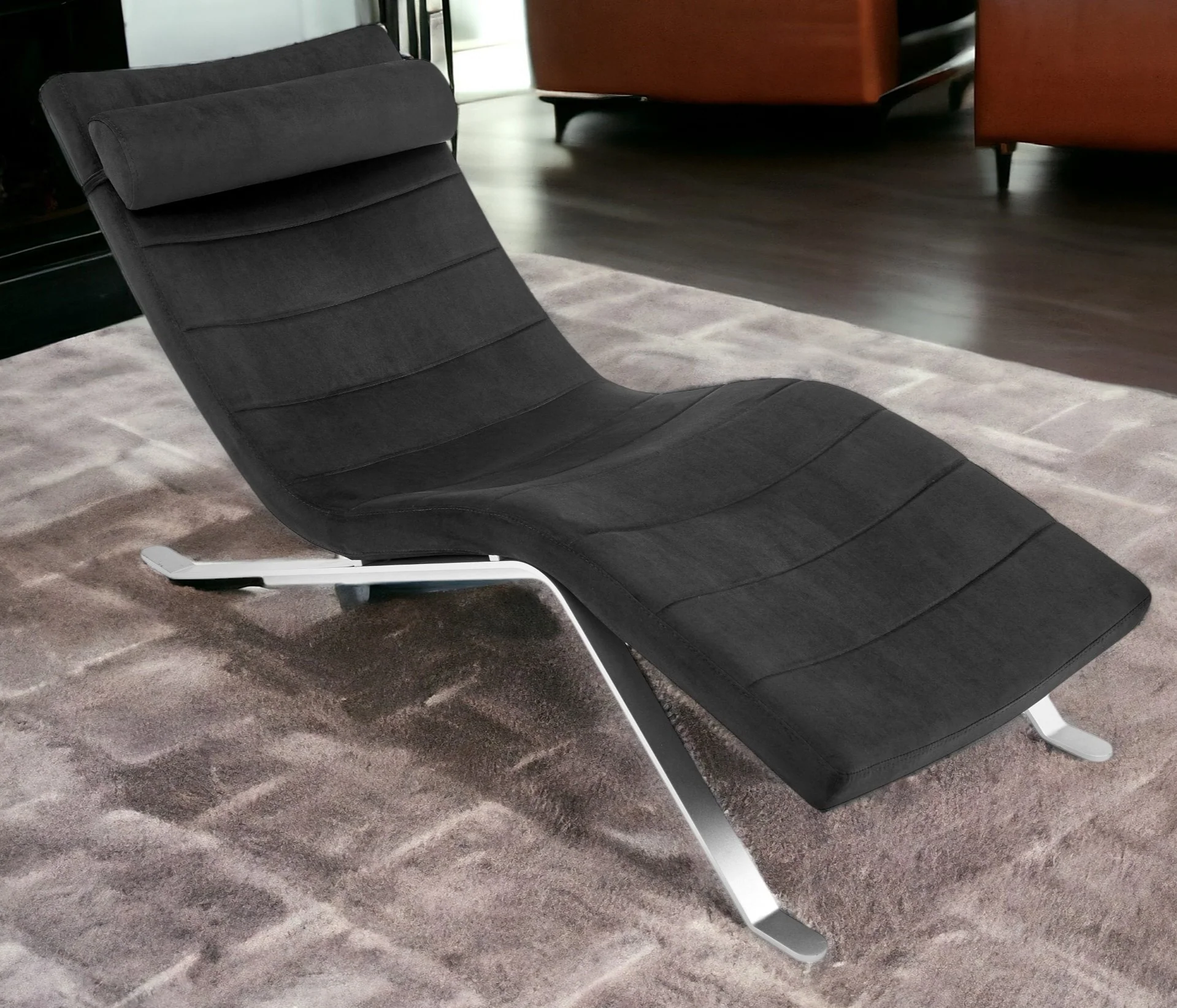 Black and Silver Velvet Lounge Chair By Homeroots - Image 2