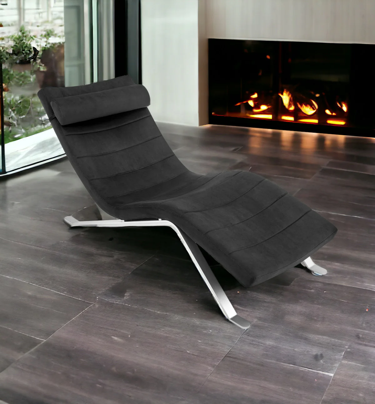 Black and Silver Velvet Lounge Chair By Homeroots - Image 7