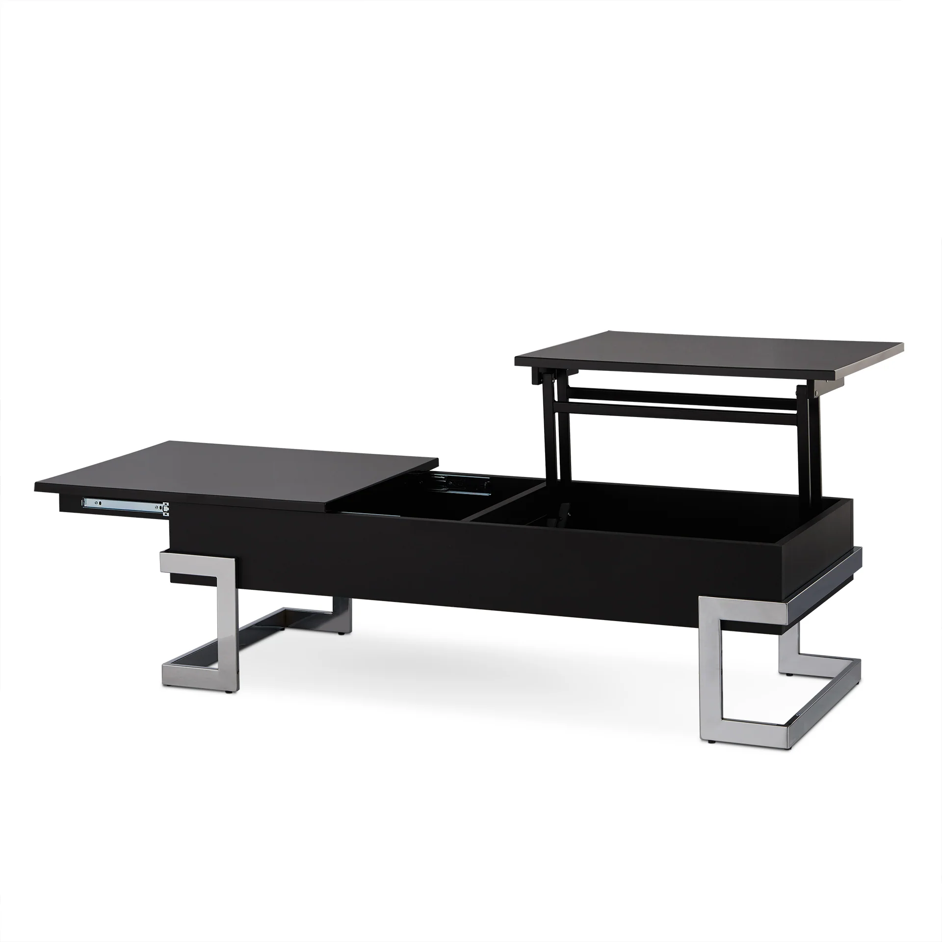Black and Silver Wood And Iron Lift Top Sled Coffee Table By Homeroots - Image 4