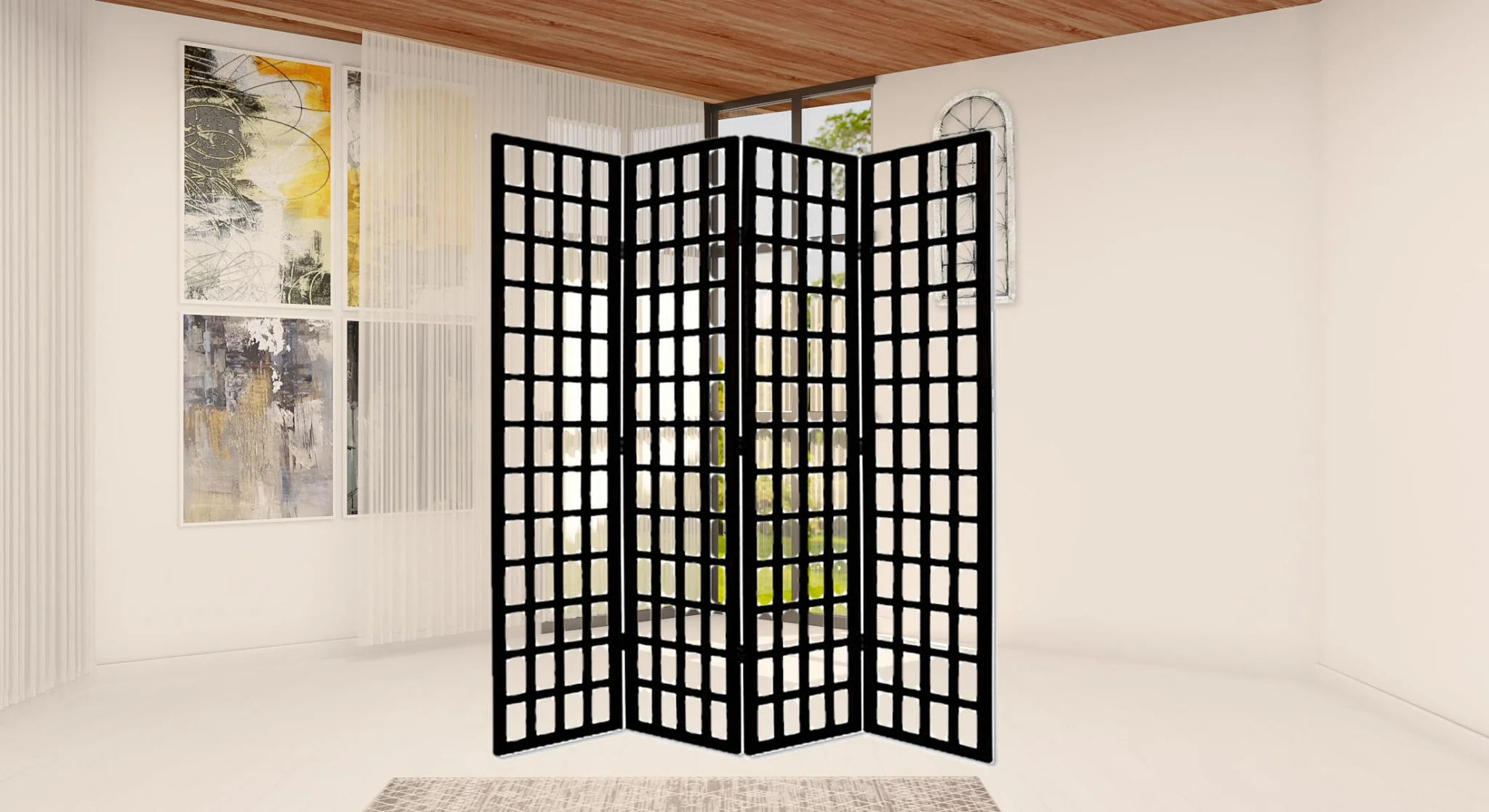 Black And White Folding Four Panel Screen Room Divider By Homeroots - Image 5