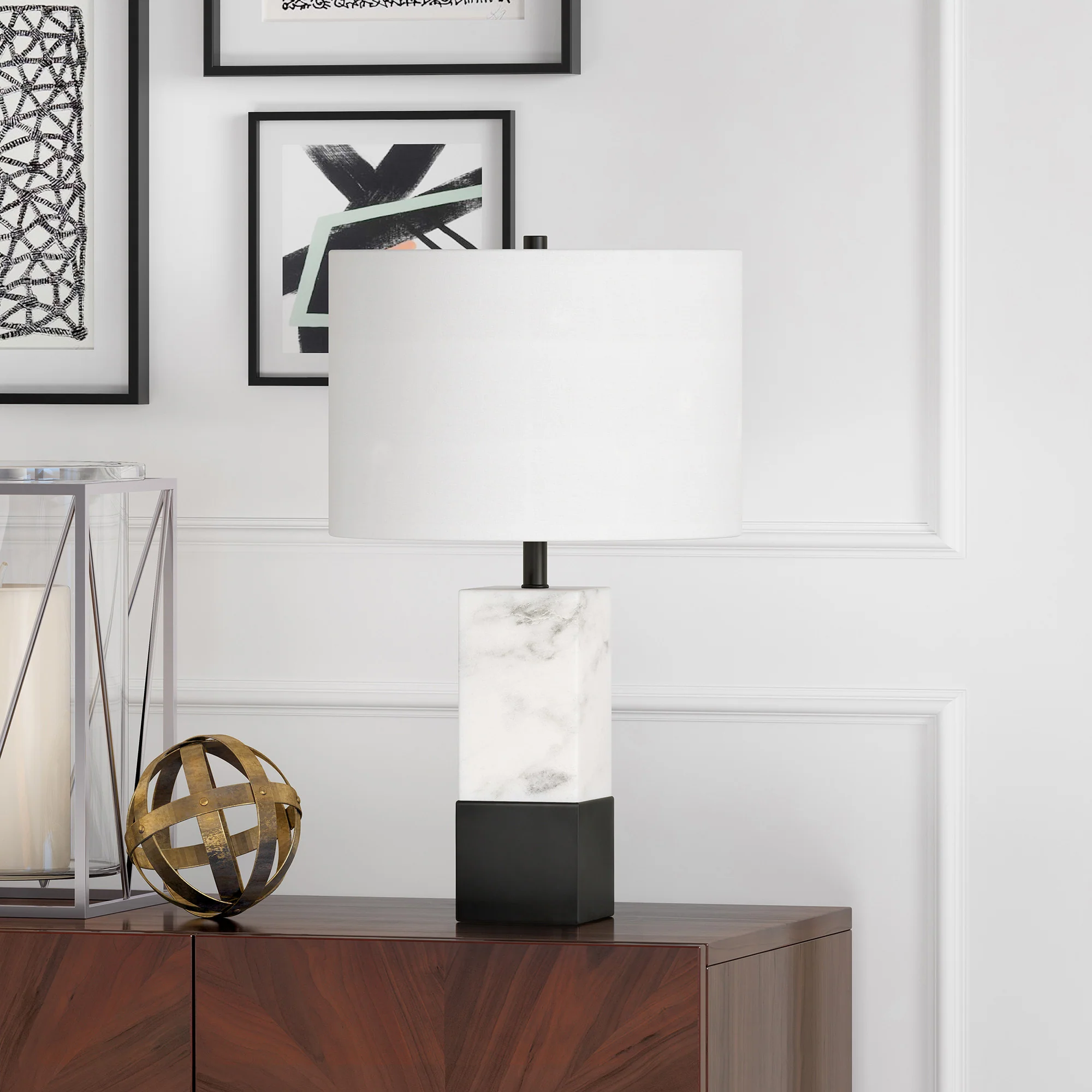 Black and White Marble Table Lamp With White Drum Shade By Homeroots - Image 3