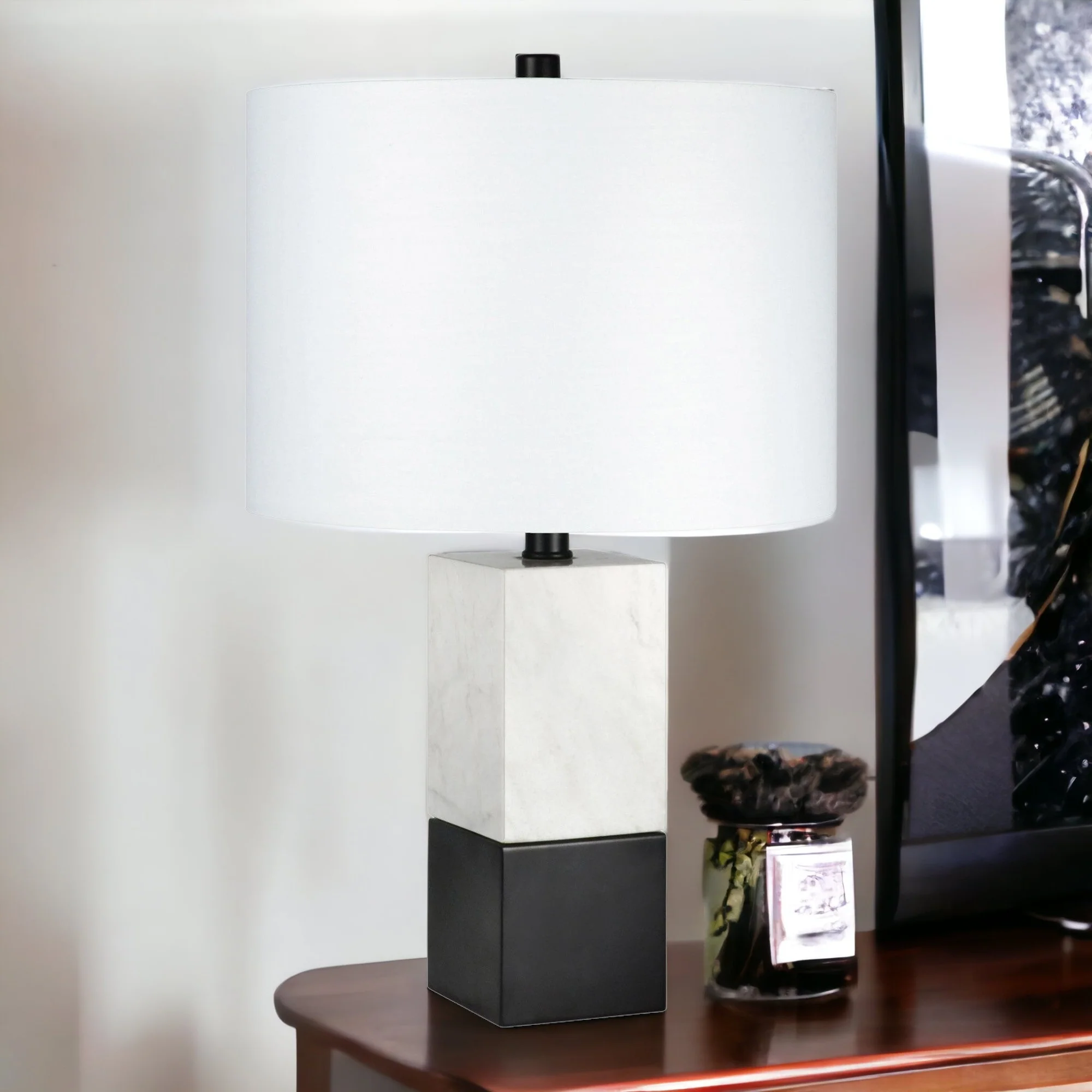 Black and White Marble Table Lamp With White Drum Shade By Homeroots - Image 8