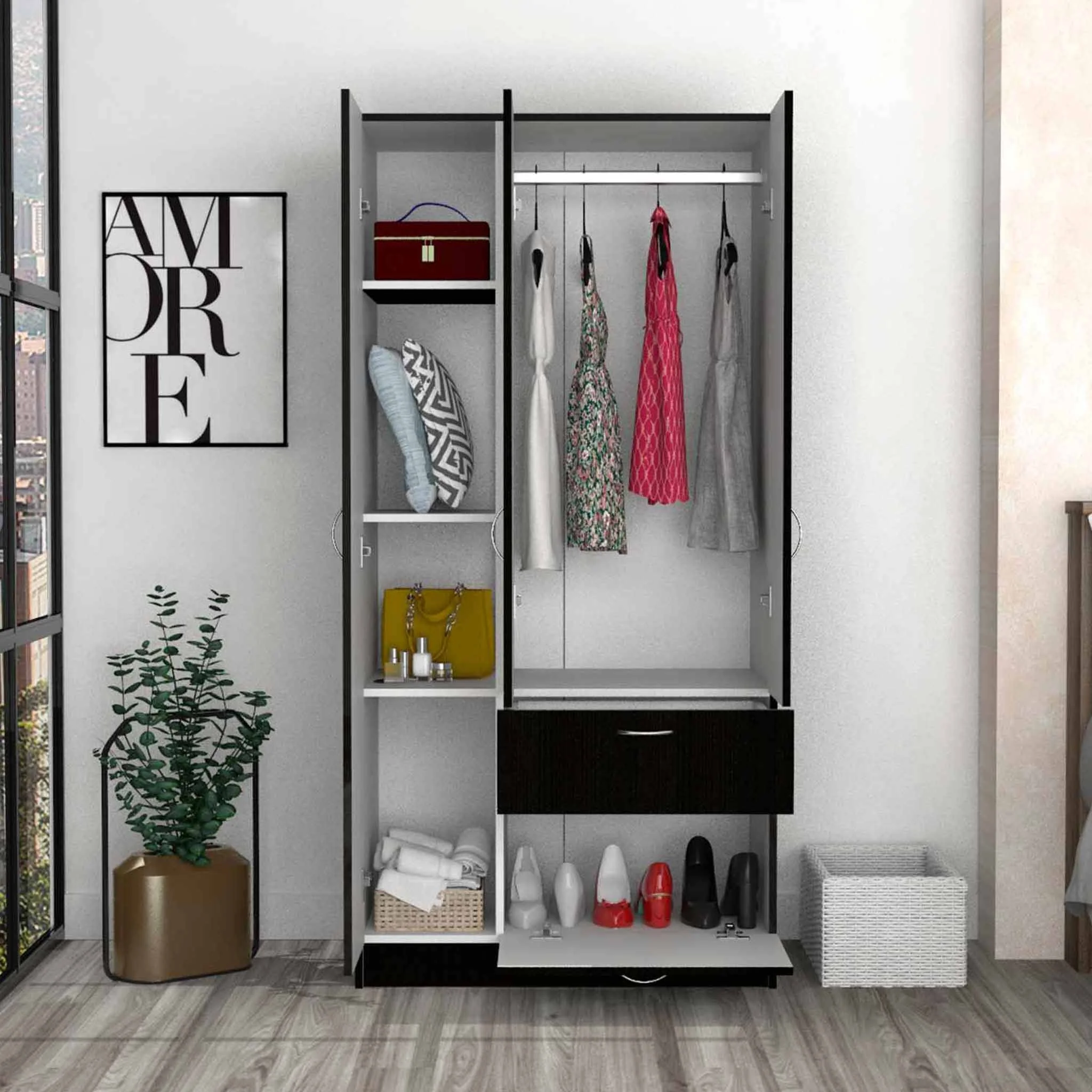 Black And White Three Door Armoire By Homeroots - Image 3