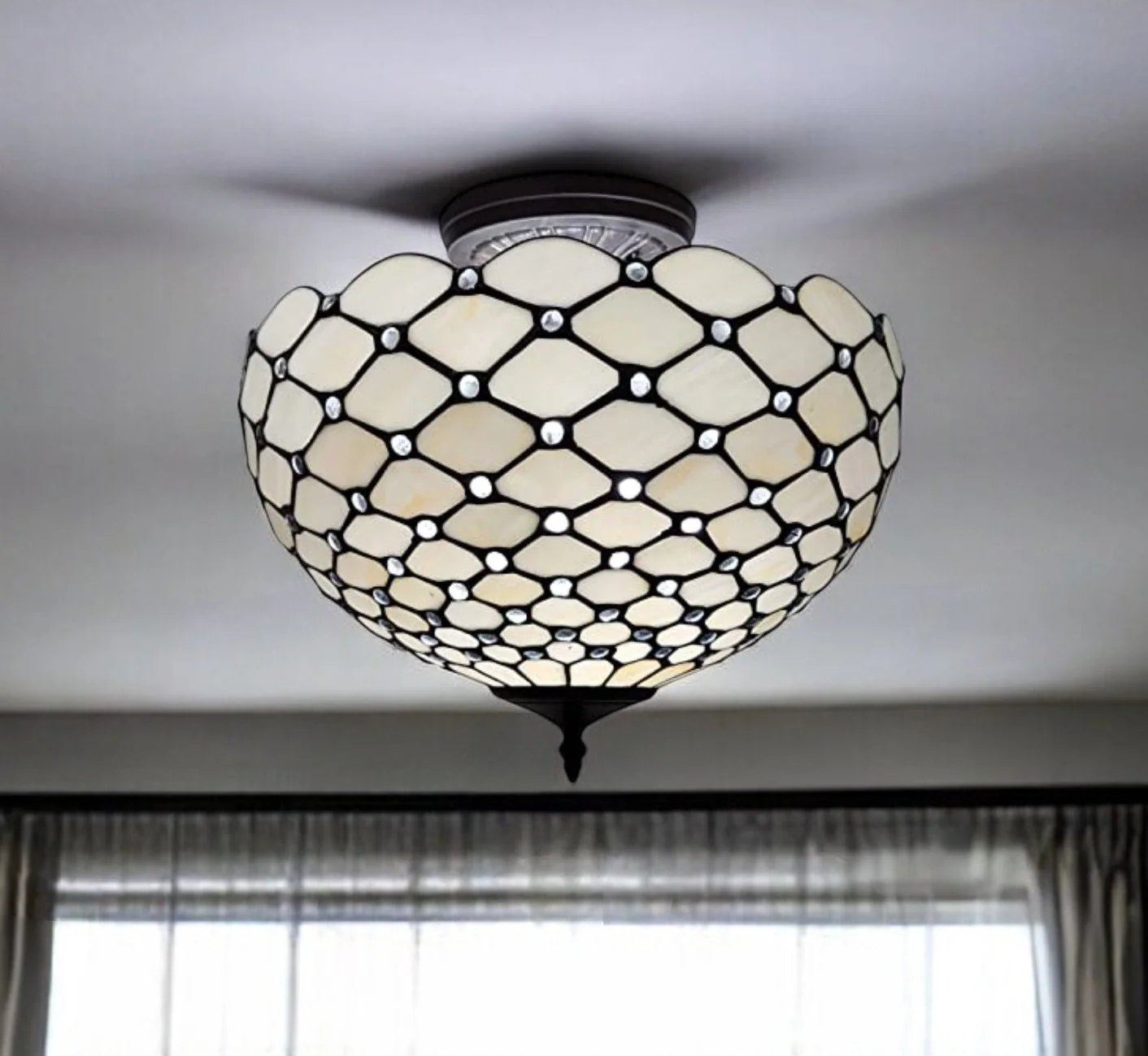 Black and White Tiffany Style Two Light Semi Flush Ceiling Lamp By Homeroots - Image 2
