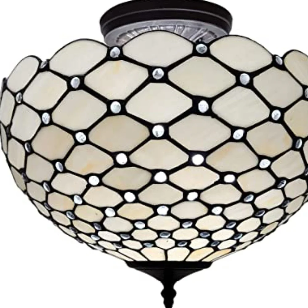 Black and White Tiffany Style Two Light Semi Flush Ceiling Lamp By Homeroots - Image 4