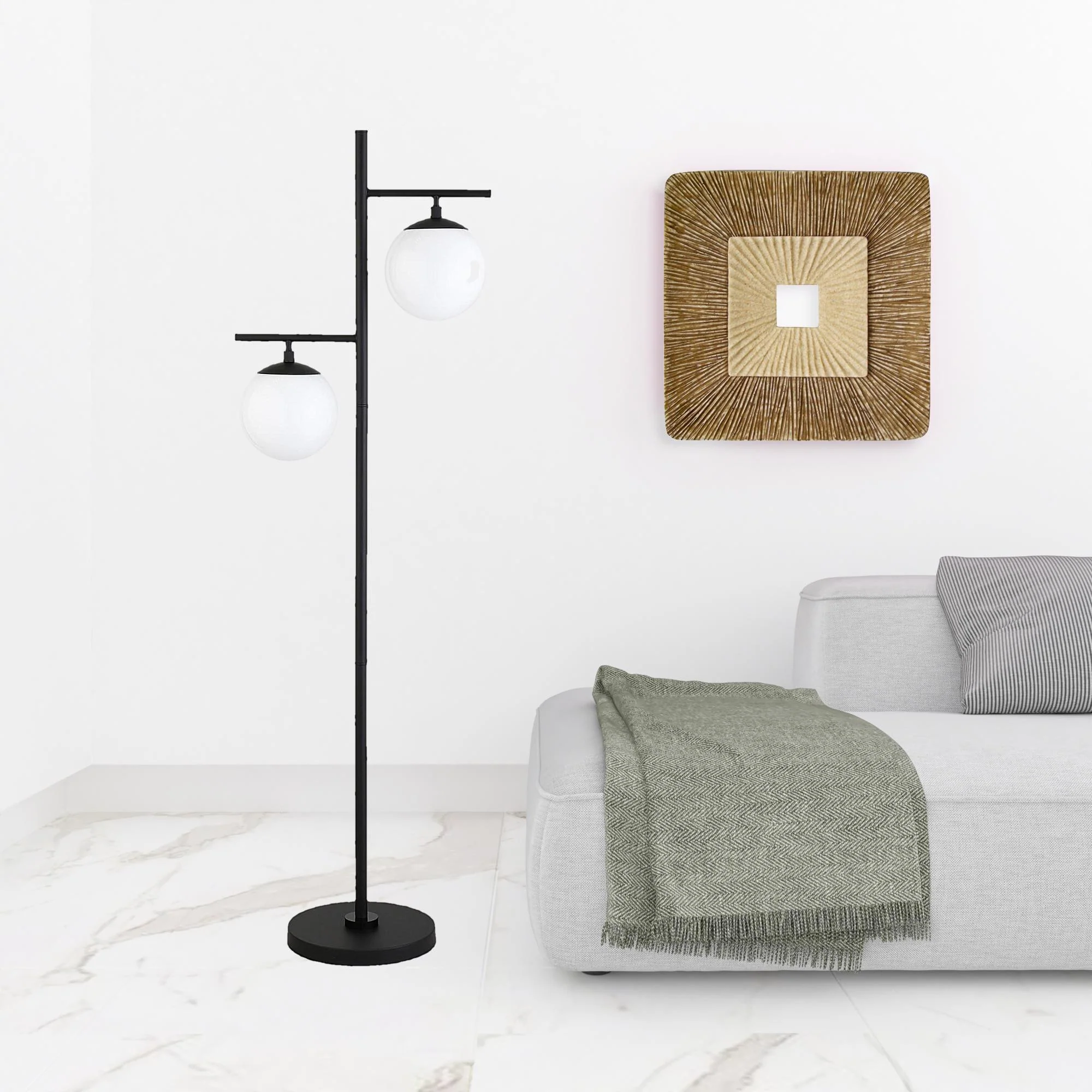 Black And White Two Light Tree Floor Lamp With White Glass Globe Shade By Homeroots - Image 2