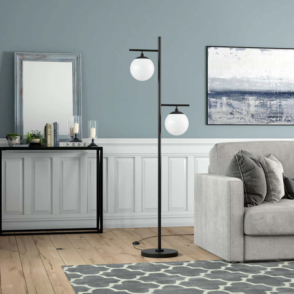 Black And White Two Light Tree Floor Lamp With White Glass Globe Shade By Homeroots - Image 4