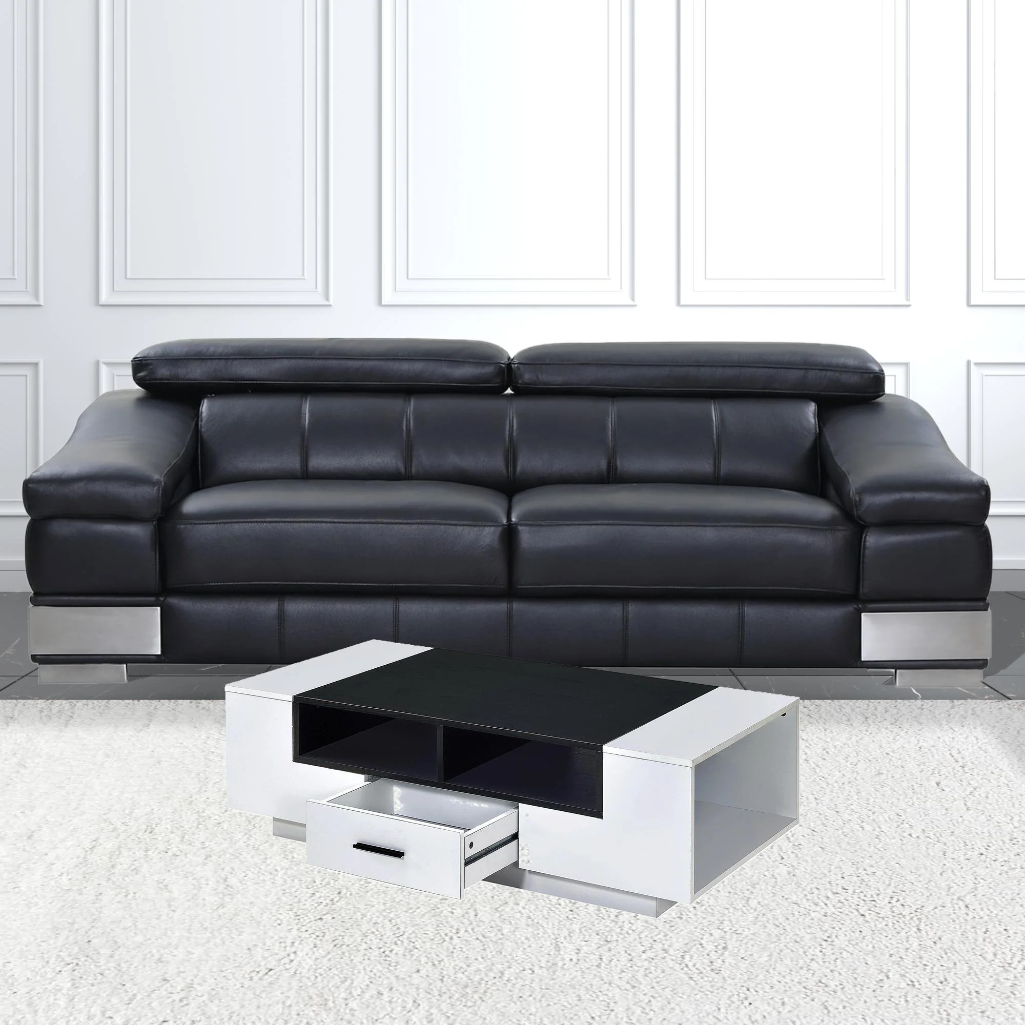 Black and White Wood Floor Shelf Coffee Table With Drawer And Three Shelves By Homeroots - Image 5