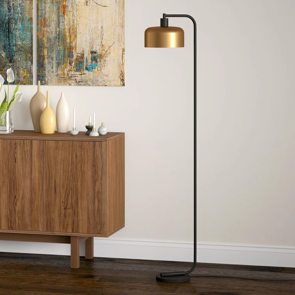 Black Arched Floor Lamp With Brass Bell Shade By Homeroots - Image 2