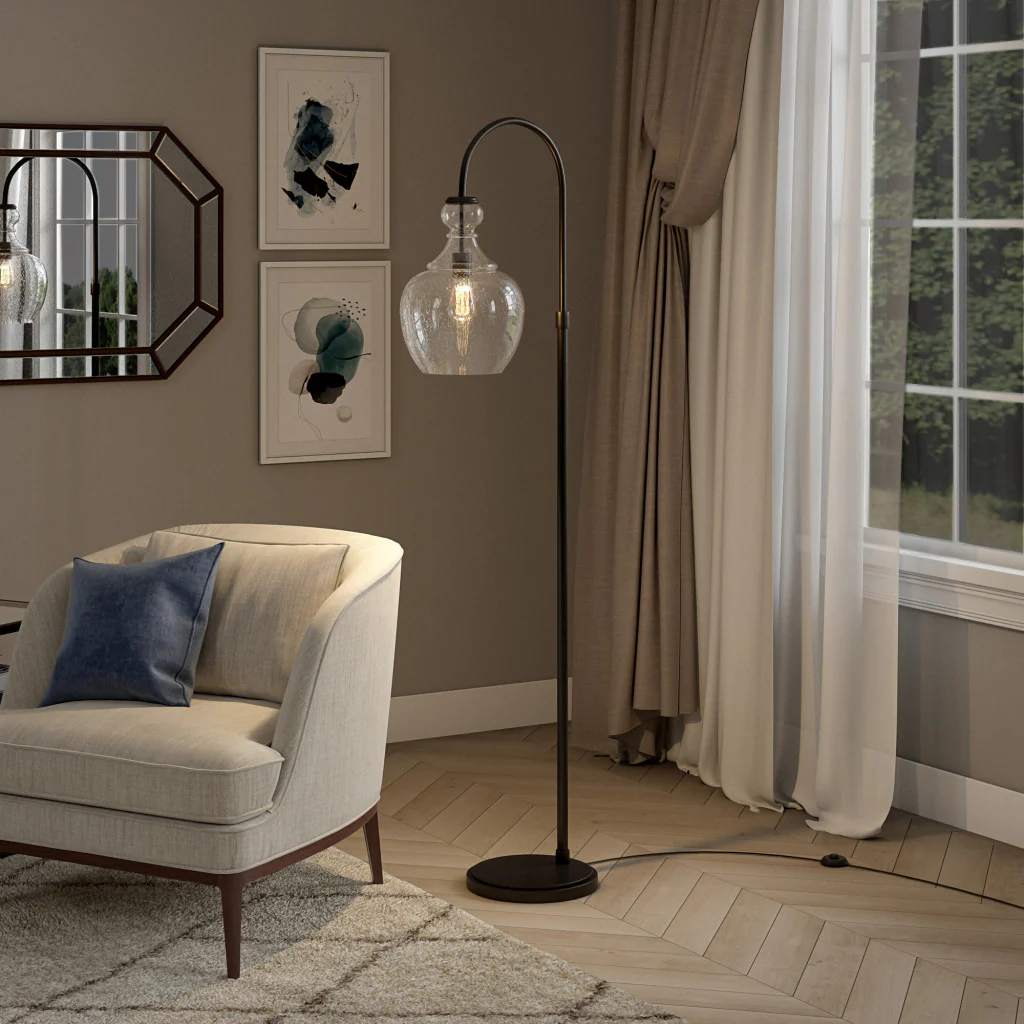 Black Arched Floor Lamp With Clear Seeded Glass Dome Shade By Homeroots - Image 5