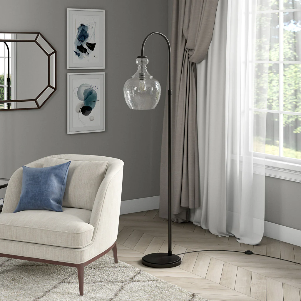 Black Arched Floor Lamp With Clear Seeded Glass Dome Shade By Homeroots - Image 6