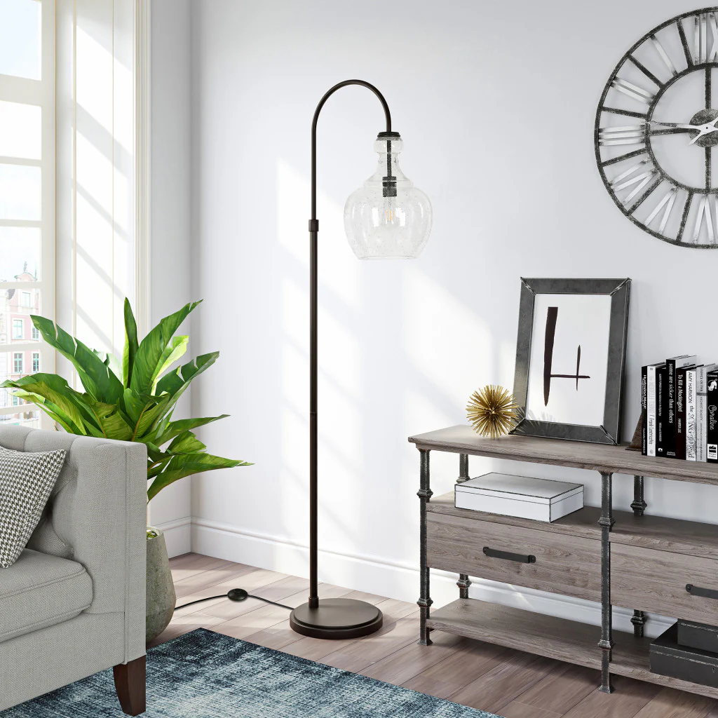 Black Arched Floor Lamp With Clear Seeded Glass Dome Shade By Homeroots - Image 8