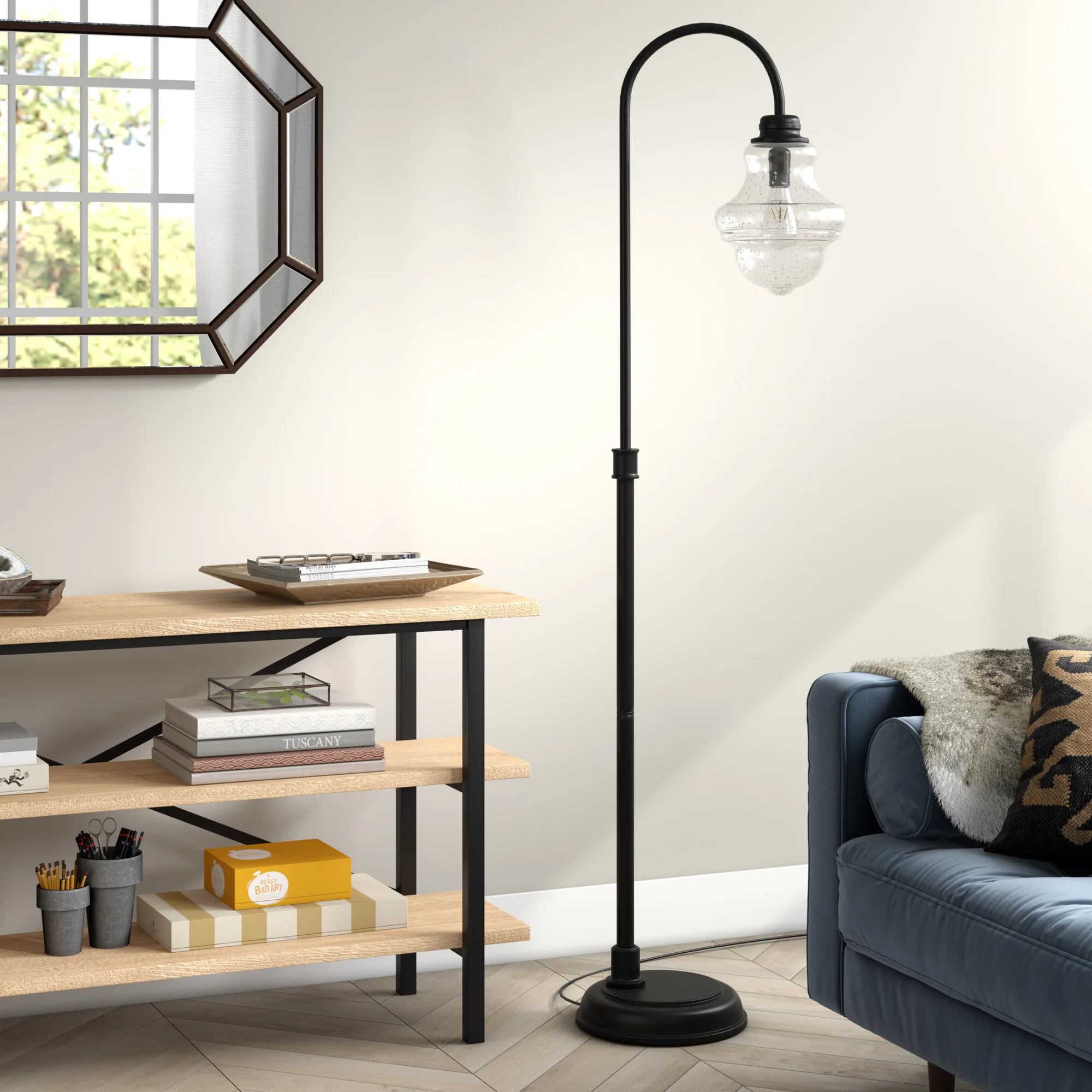 Black Arched Floor Lamp With Clear Seeded Glass Empire Shade By Homeroots - Image 2