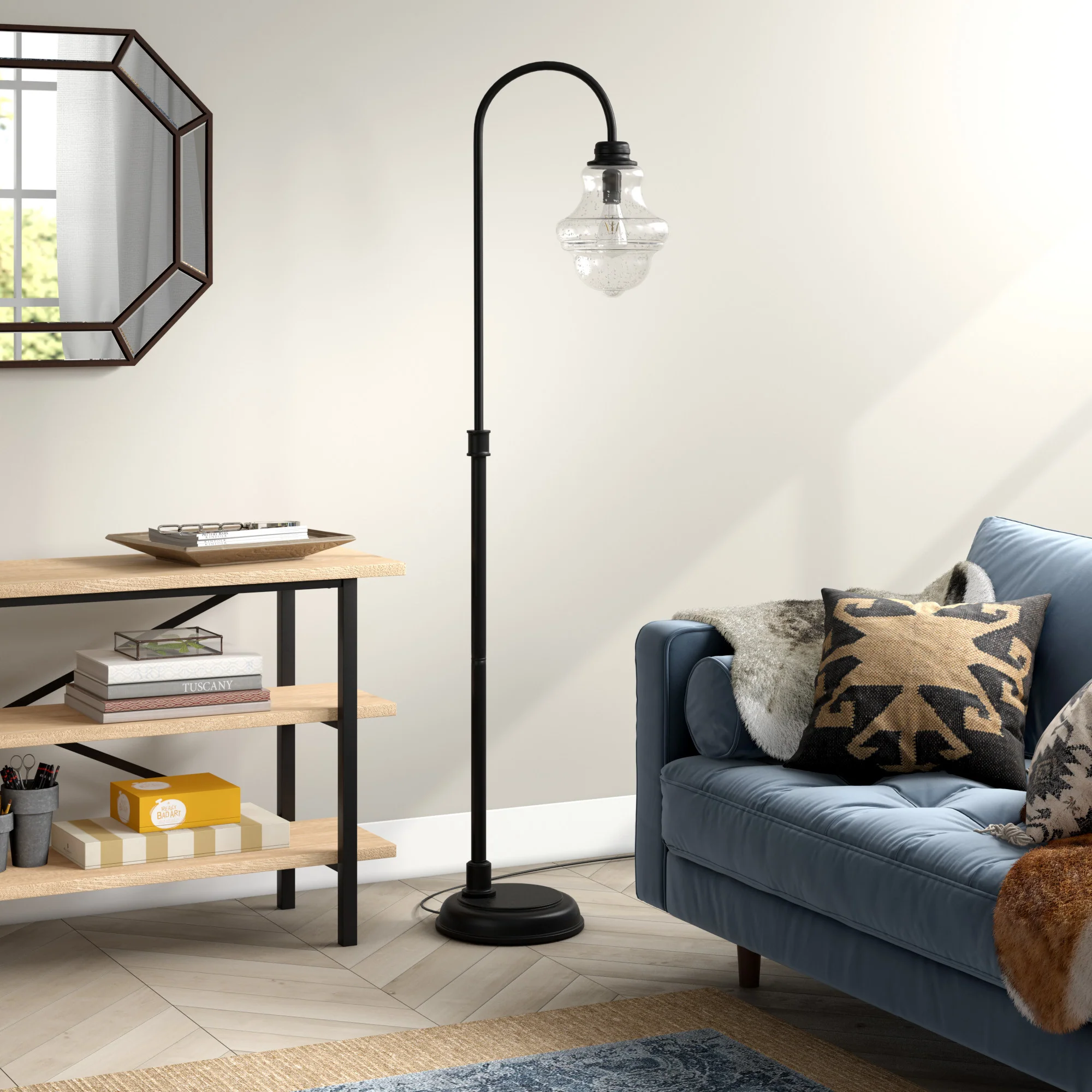 Black Arched Floor Lamp With Clear Seeded Glass Empire Shade By Homeroots - Image 3