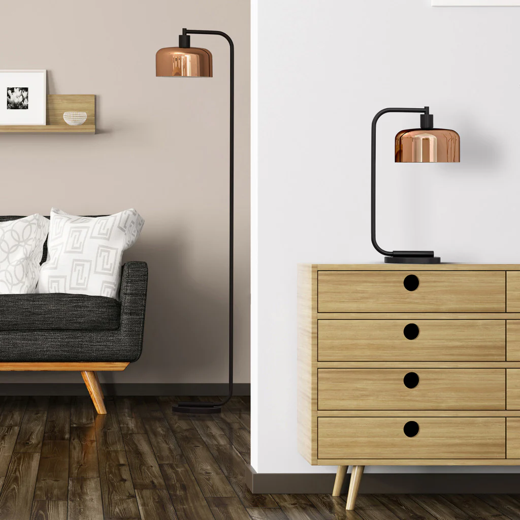 Black Arched Floor Lamp With Copper Metal Bell Shade By Homeroots - Image 6