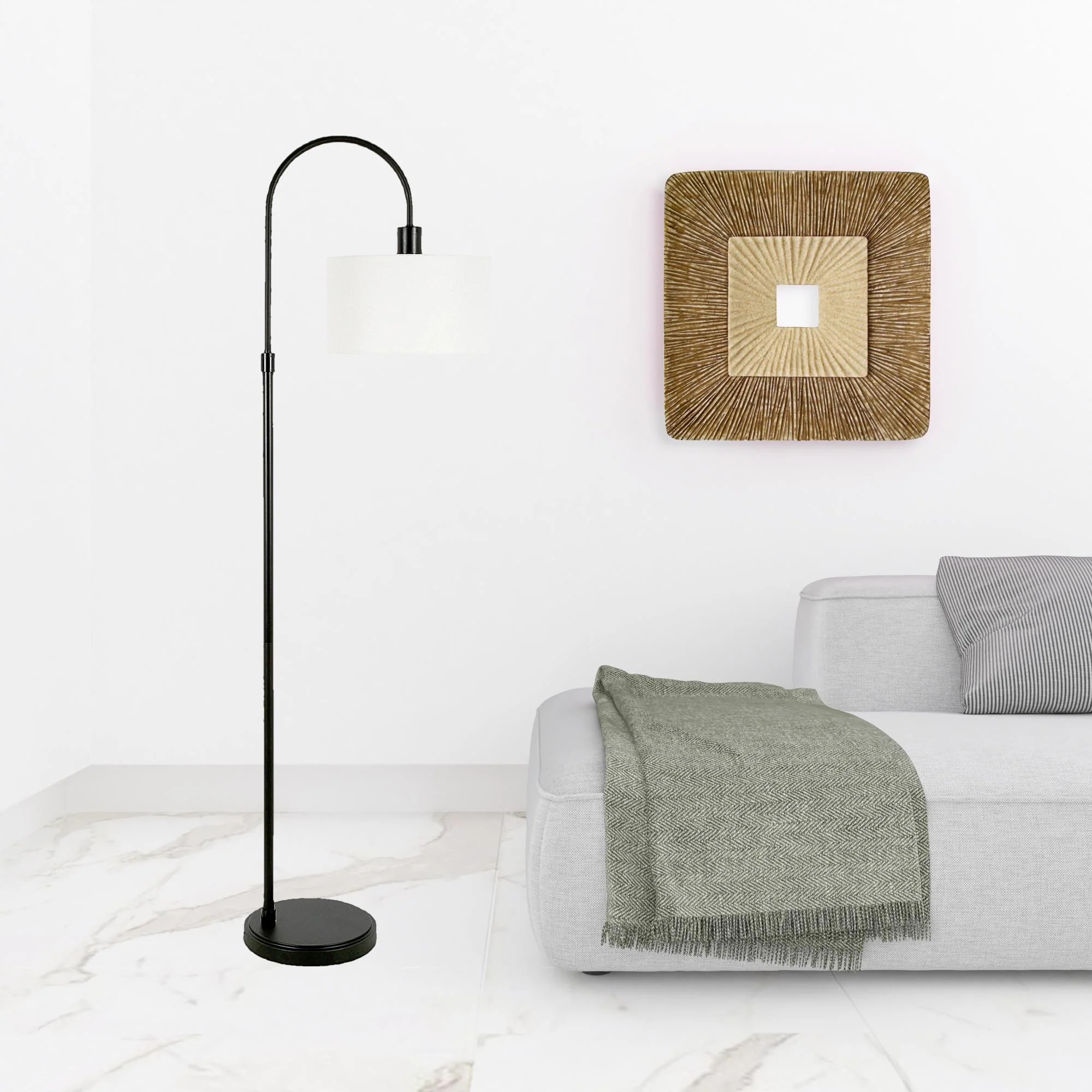 Black Arched Floor Lamp With White Frosted Glass Drum Shade By Homeroots - Image 2