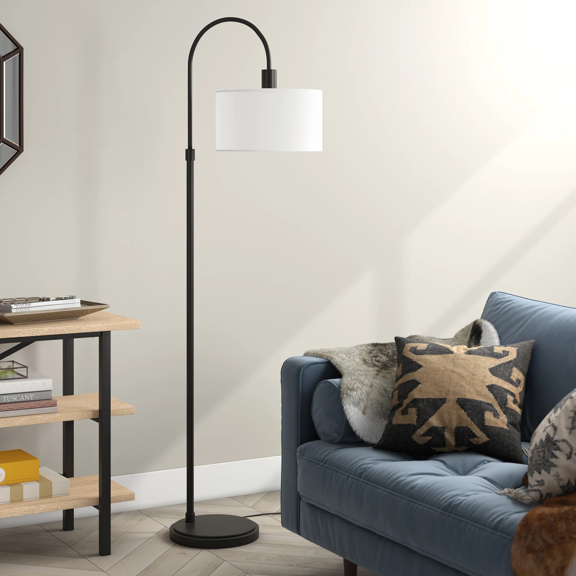Black Arched Floor Lamp With White Frosted Glass Drum Shade By Homeroots - Image 4