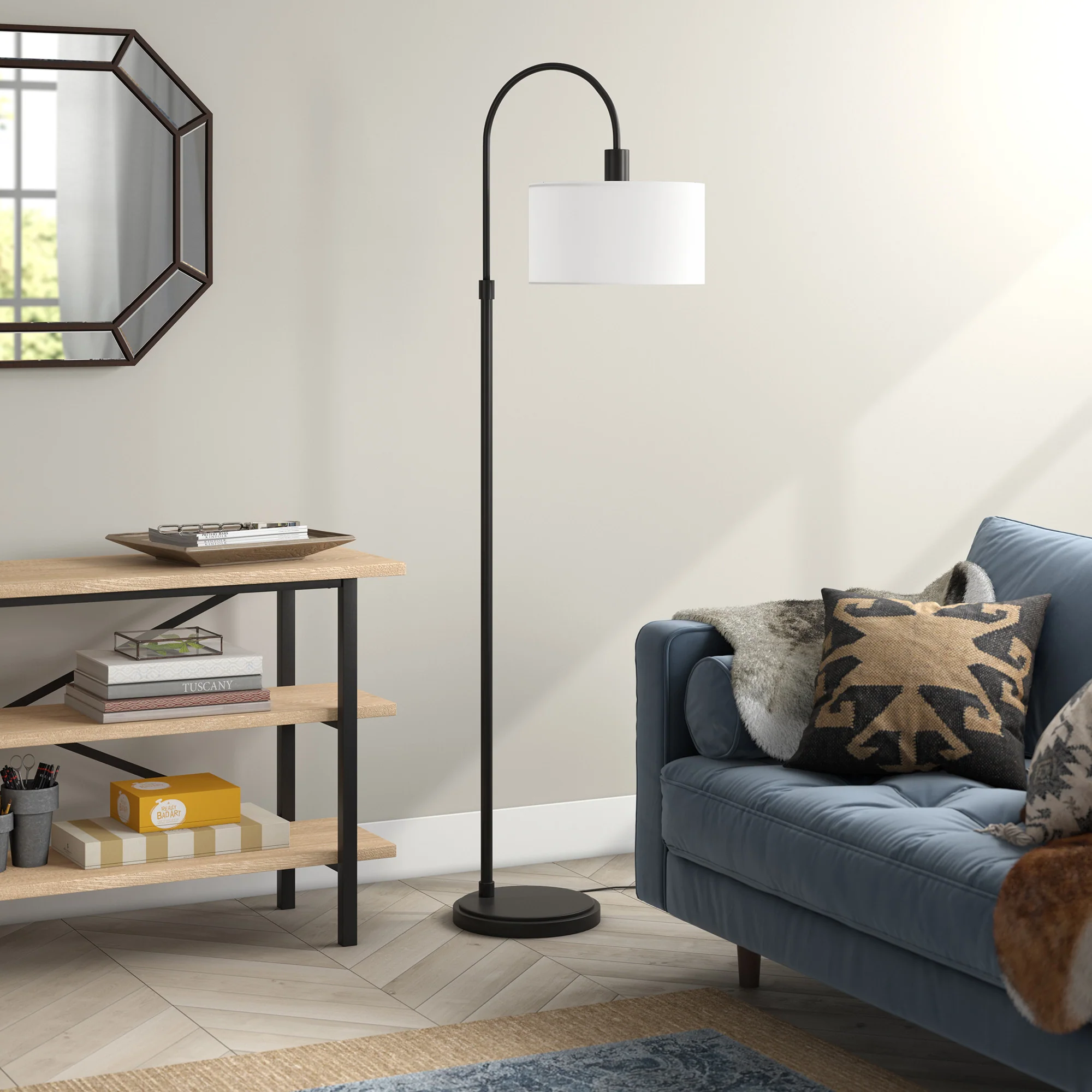 Black Arched Floor Lamp With White Frosted Glass Drum Shade By Homeroots - Image 5
