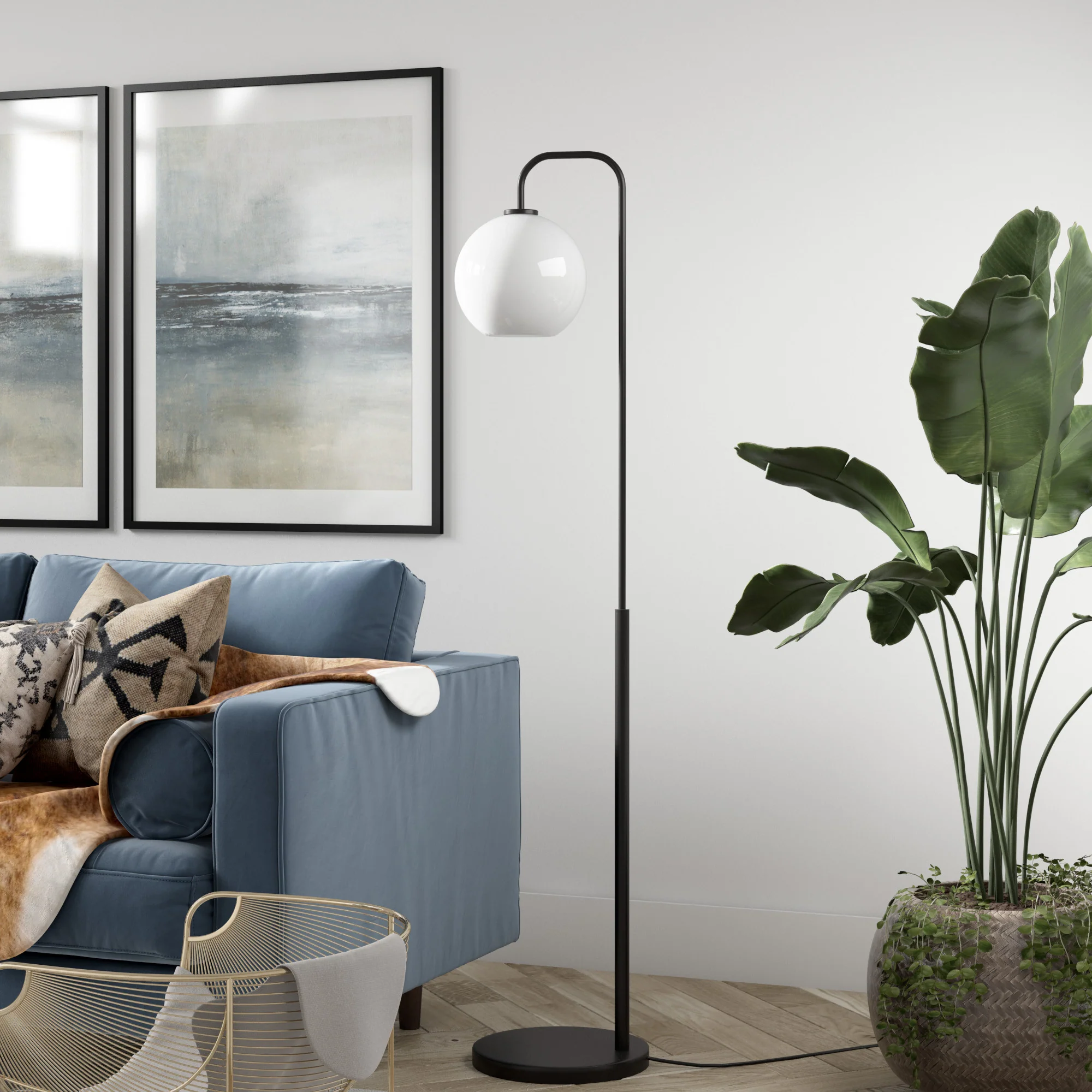 Black Arched Floor Lamp With White Frosted Glass Globe Shade By Homeroots - Image 5