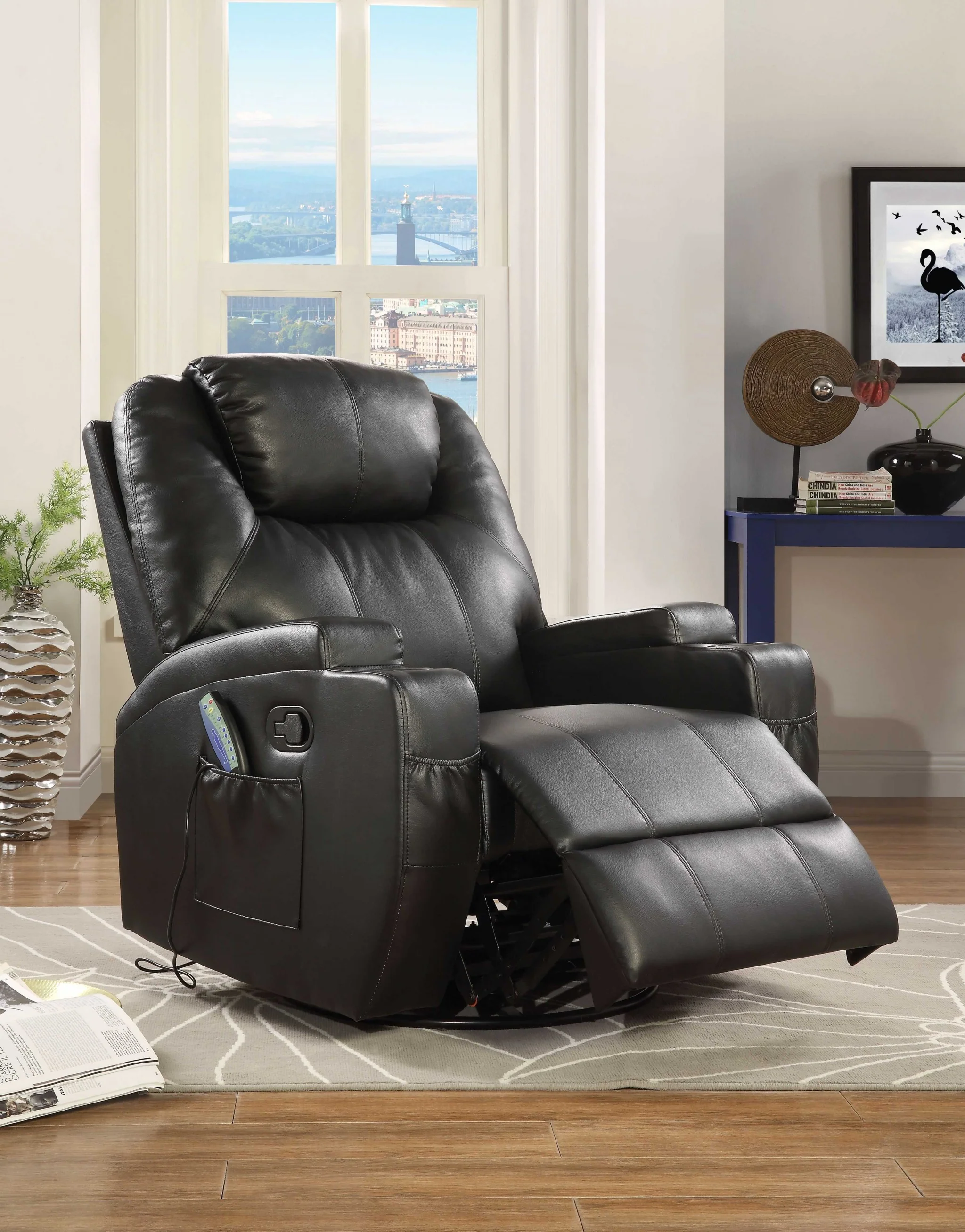 Black Bonded Leather Match Swivel Rocker Recliner With Massage By Homeroots - Image 2