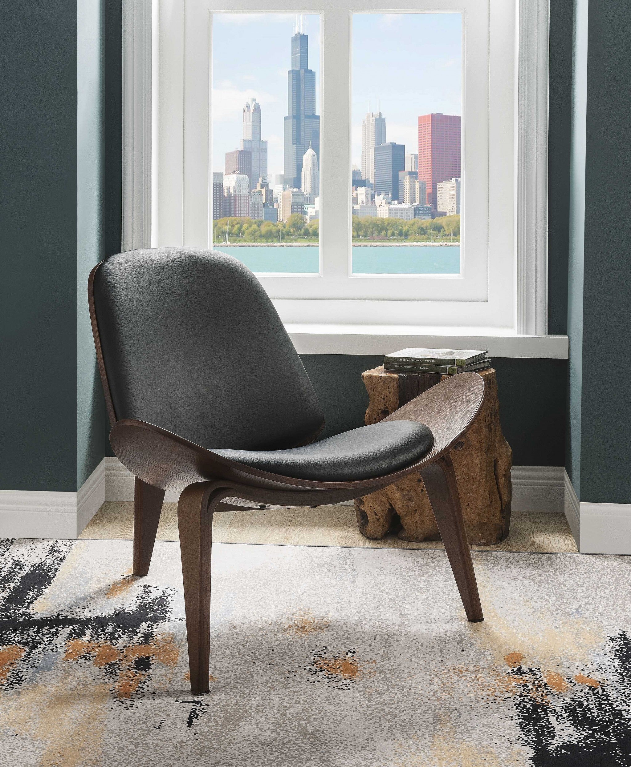 Black Bonded Leather Walnut Wood Upholstered (Seat) Accent Chair By Homeroots - Image 2
