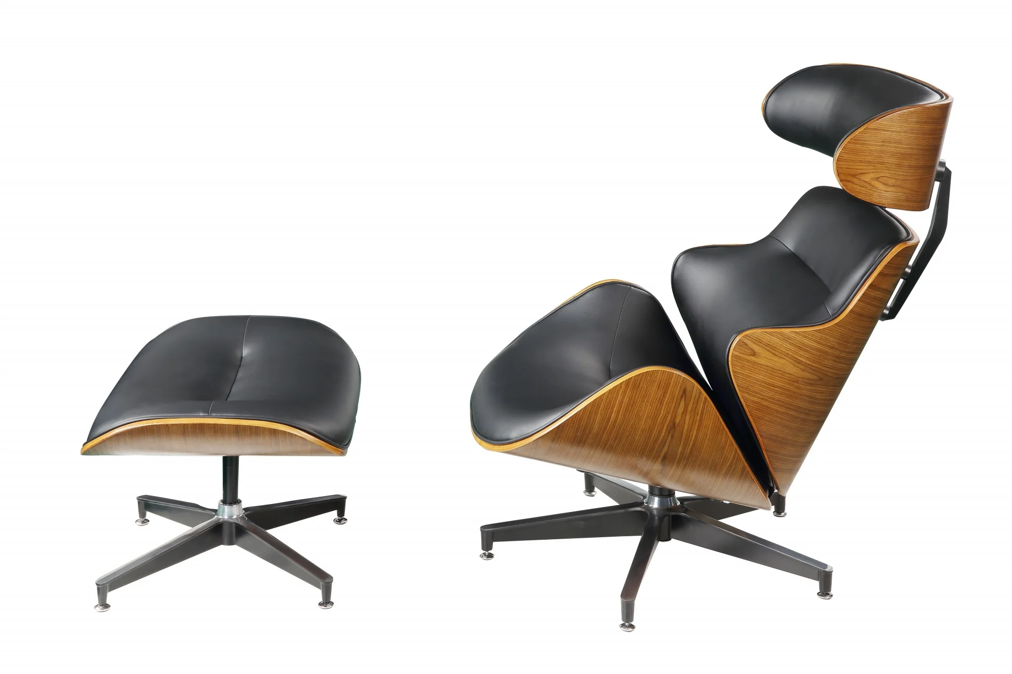 Black Bonded Leather Walnut Wood Upholstered (Seat) Aluminum Base Chair & Ottoman By Homeroots - 347297 - Image 3