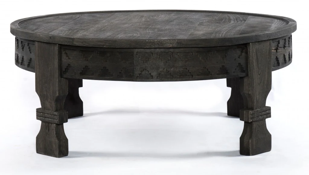 Black Carved Round Wooden Coffee Table By Homeroots - Image 2