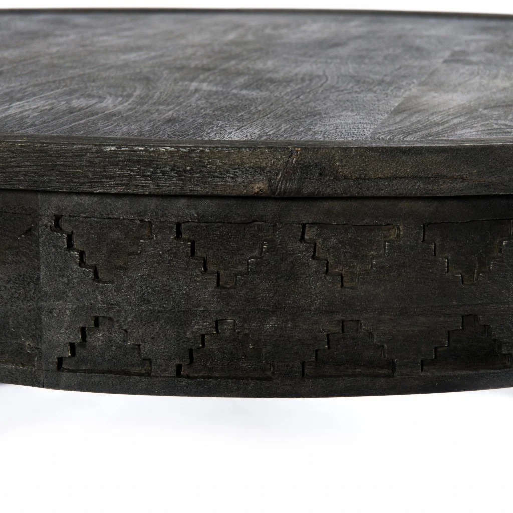 Black Carved Round Wooden Coffee Table By Homeroots - Image 4