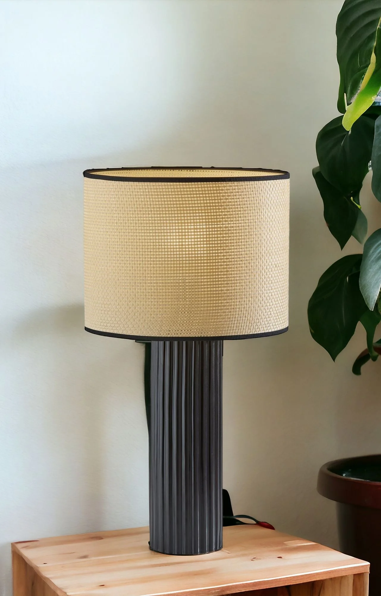 Black Ceramic Cylinder Table Lamp With Beige Drum Shade By Homeroots - Image 2