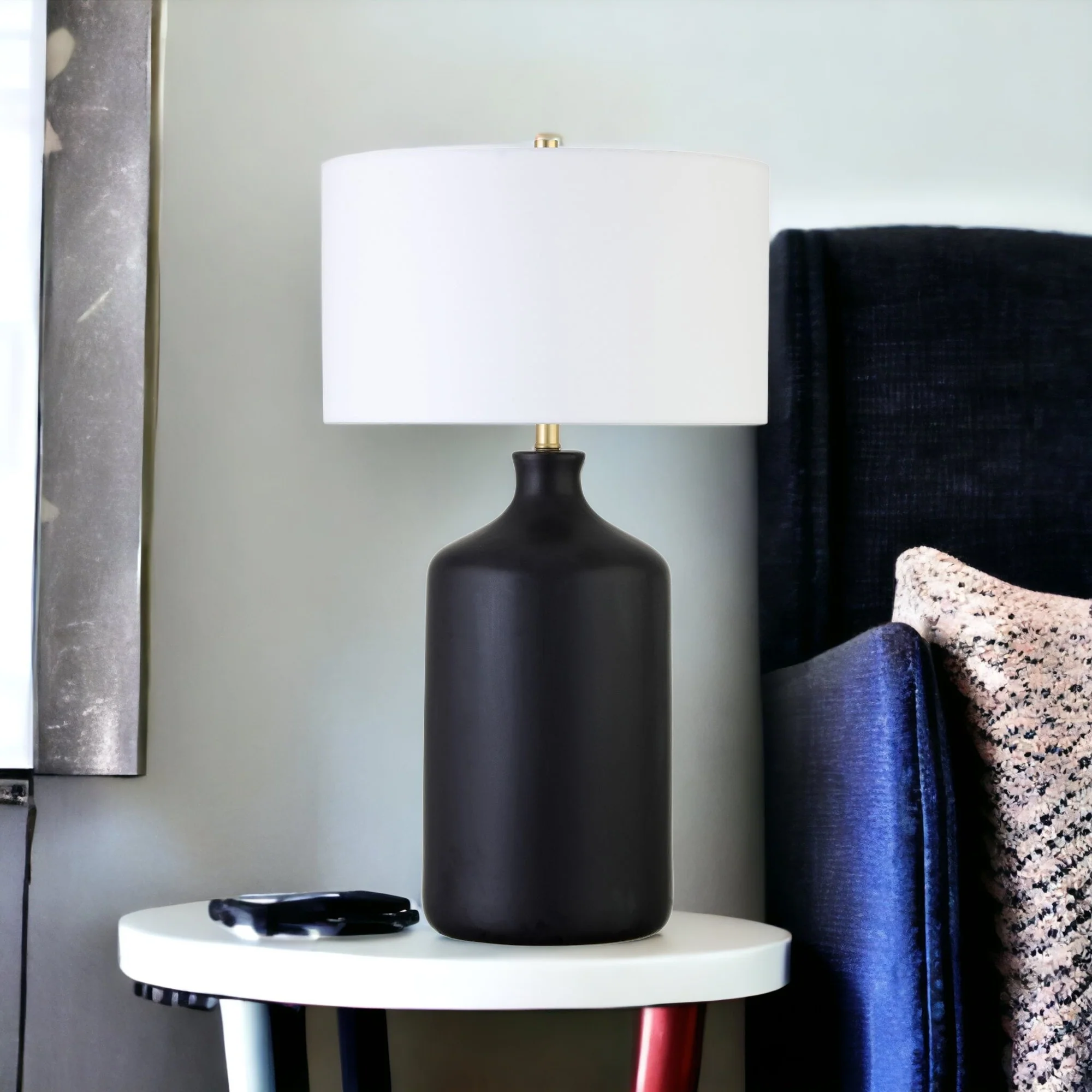Black Ceramic Table Lamp With White Drum Shade By Homeroots - Image 2
