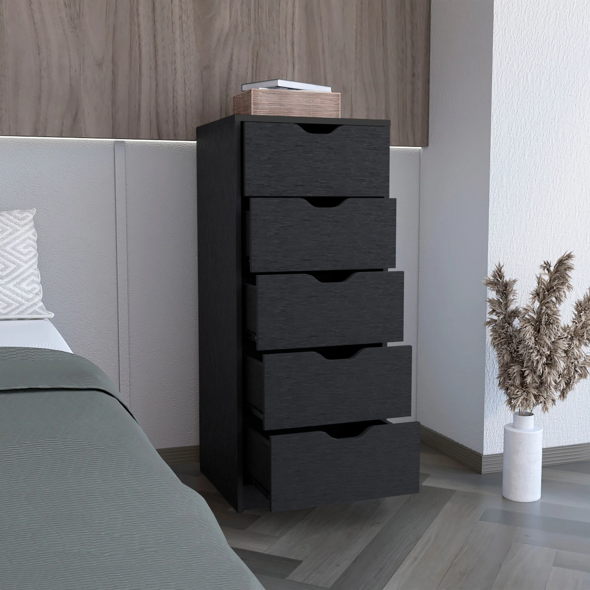 Black Charcoal Manufactured Wood Five Drawer Tall and Narrow Dresser By Homeroots - Image 5