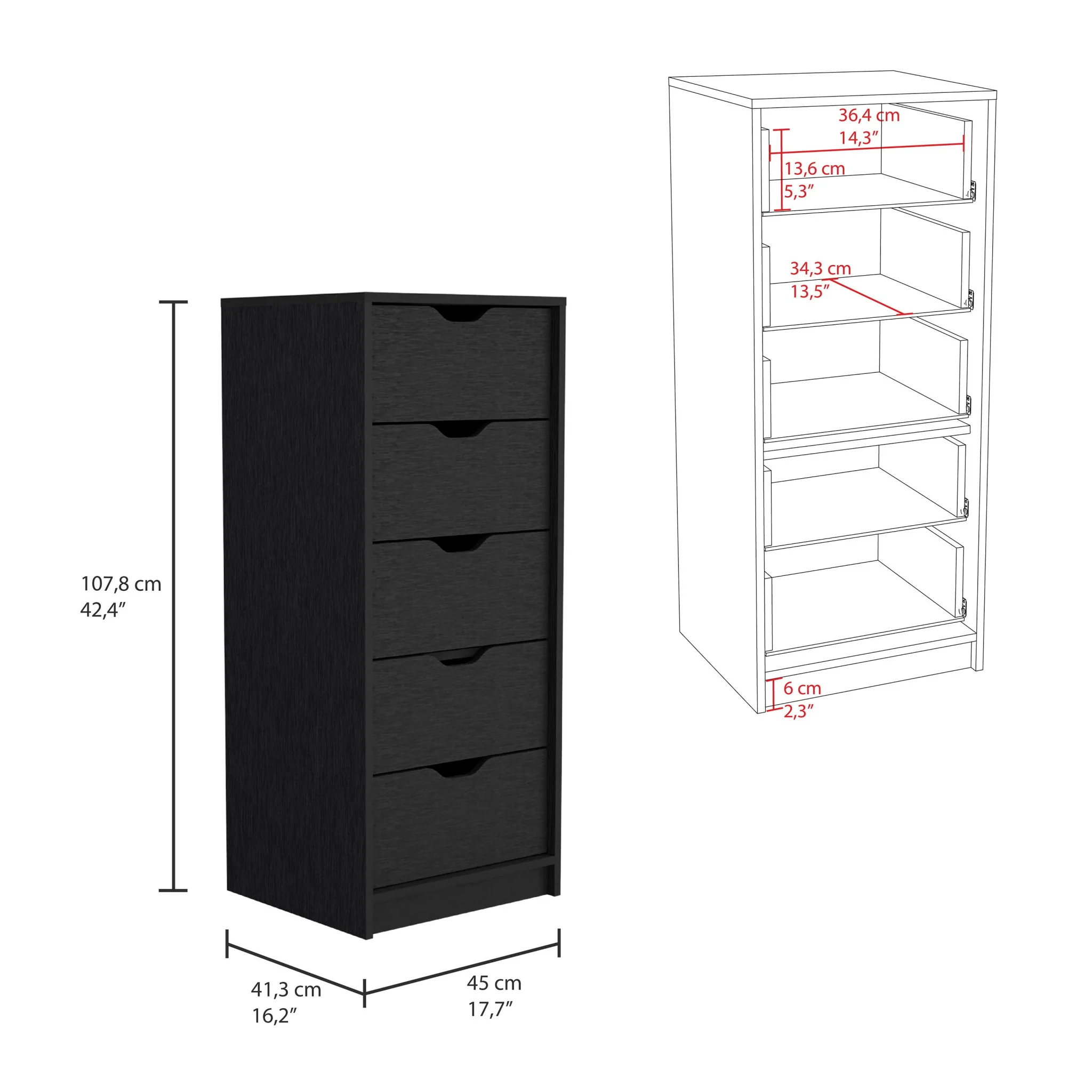 Black Charcoal Manufactured Wood Five Drawer Tall and Narrow Dresser By Homeroots - Image 7