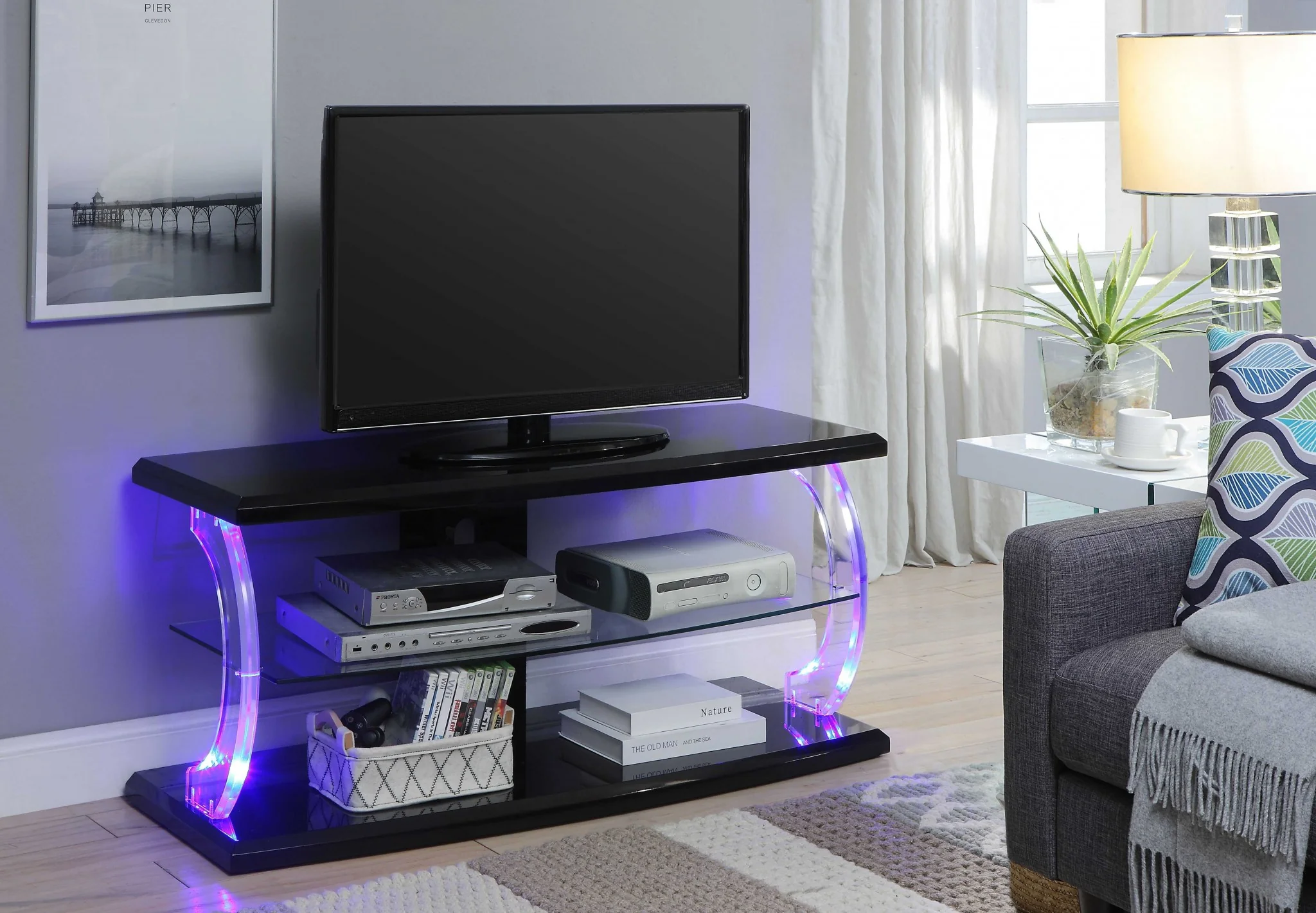 Black Clear Glass Wood Glass Veneer (Melamine) TV Stand (LED) By Homeroots - Image 3