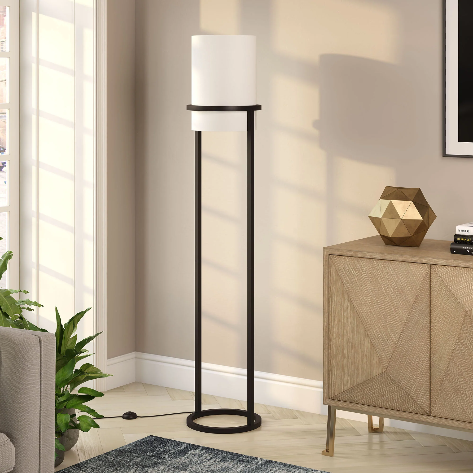 Black Column Floor Lamp With White Fabric Drum Shade By Homeroots - Image 5
