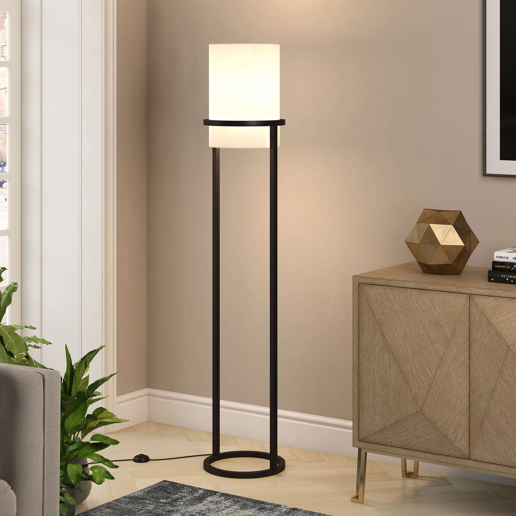 Black Column Floor Lamp With White Fabric Drum Shade By Homeroots - Image 6